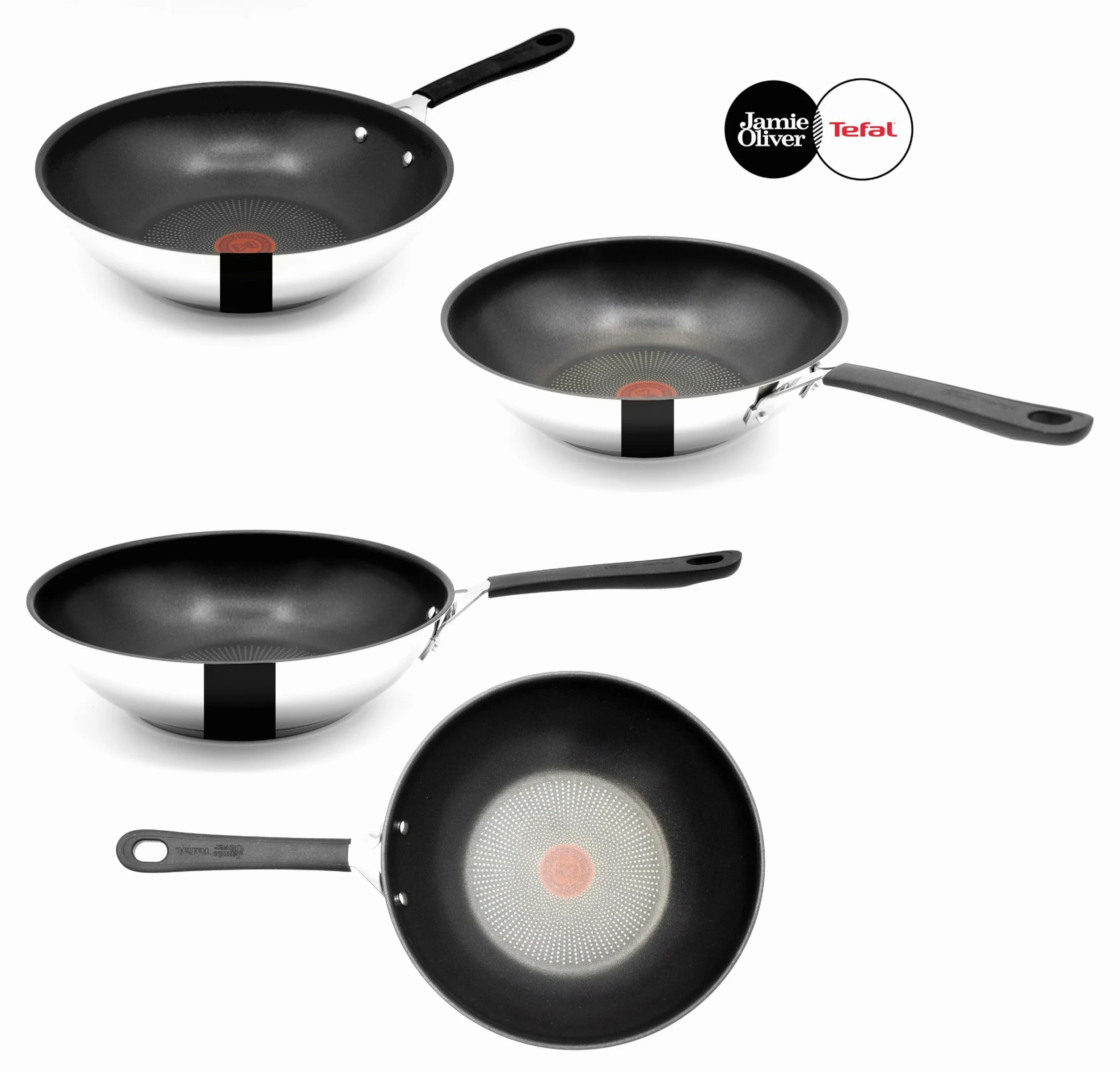 Tefal Jamie Oliver Wok 28 cm inducción, wok de acero inoxidable grande, antiadherente, borde alto, apto para horno, mango remachado, E30