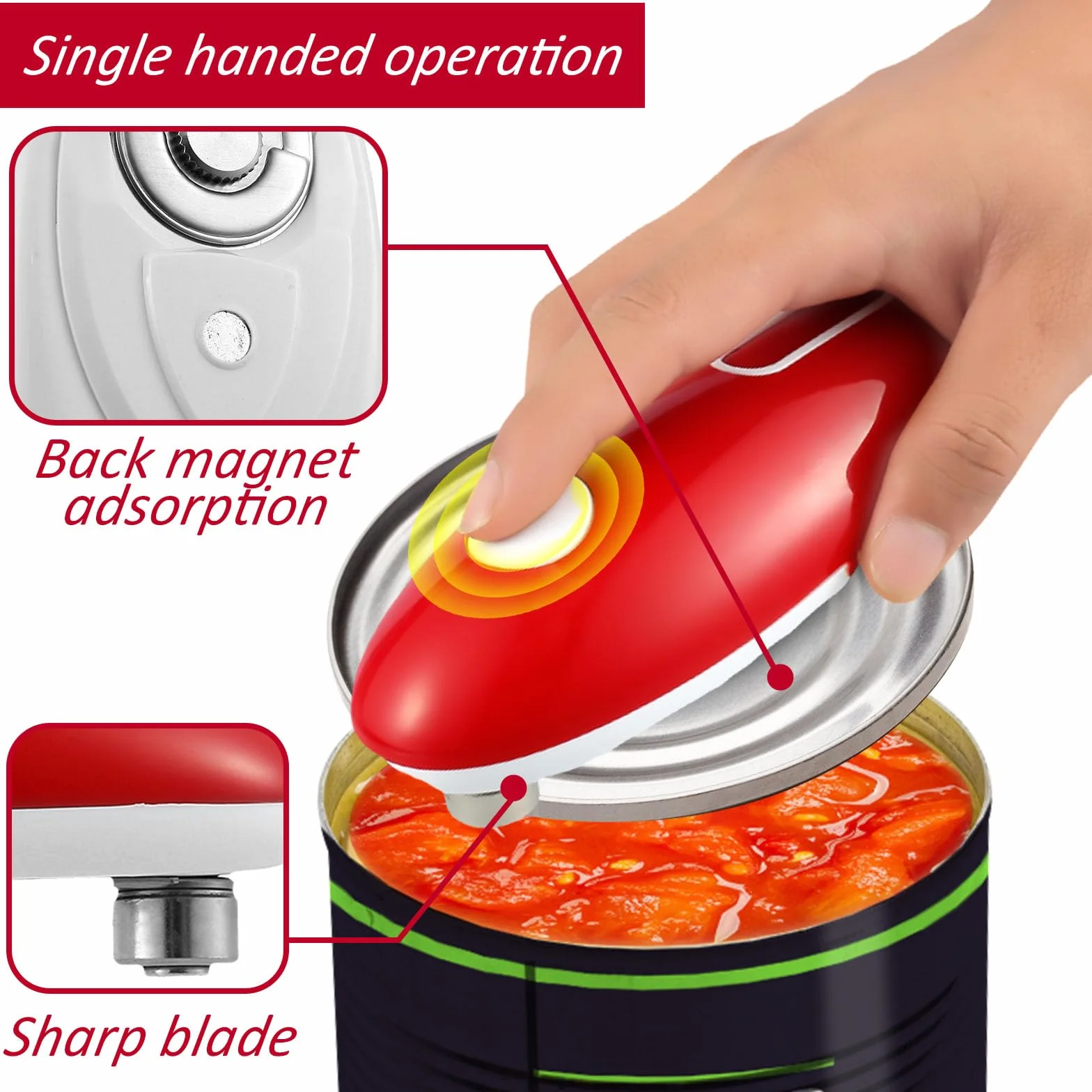 Abrelatas eléctrico, borde liso, abrelatas One Touch, portátil, inalámbrico, sin bordes afilados, para chefs, niños y personas mayores con artritis (rojo)