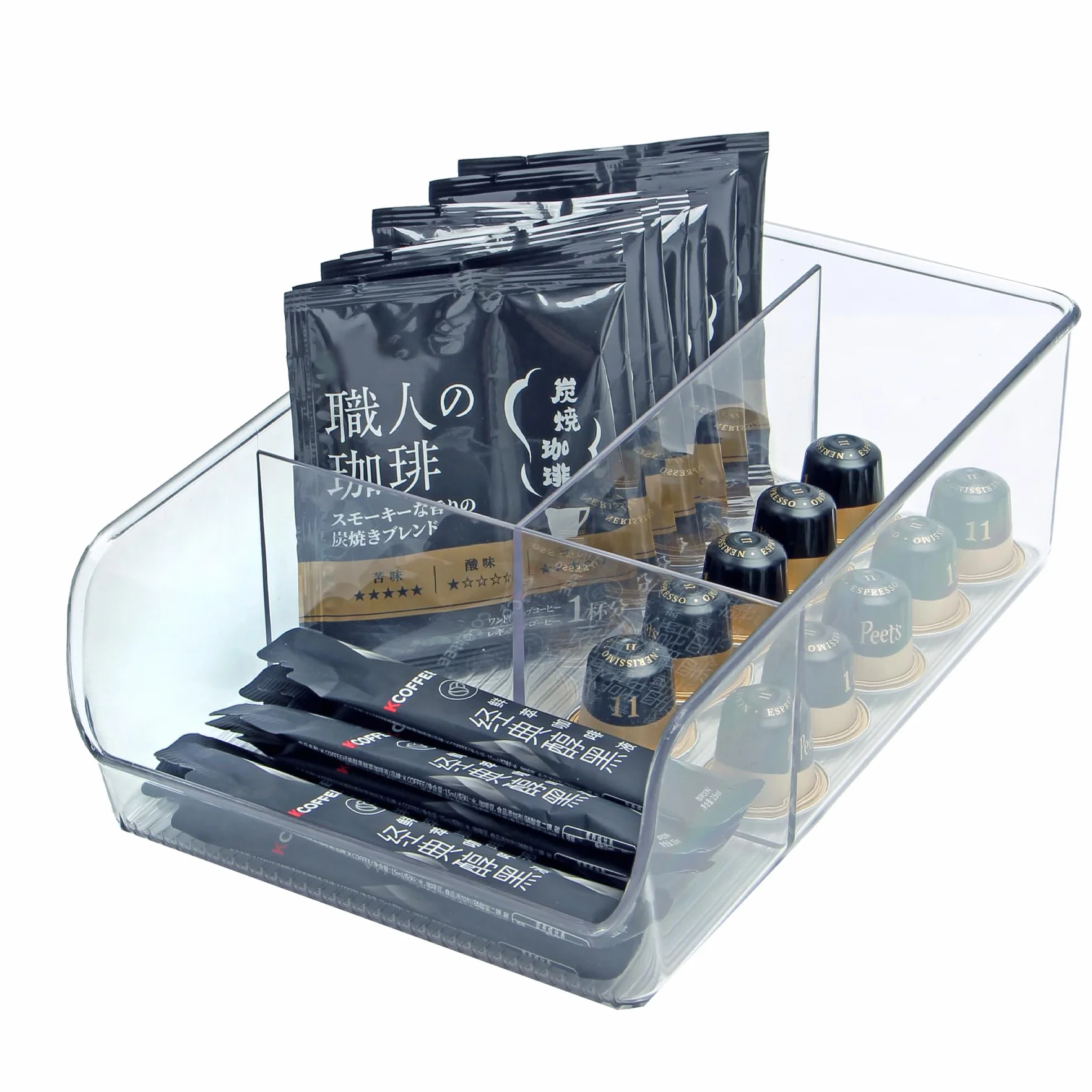 Azar Displays 556752-4PK - Contenedor de almacenamiento transparente con divisores, organizador apilable de múltiples compartimentos para cocina, baño, despensa y oficina, plástico sin BPA (paquete de