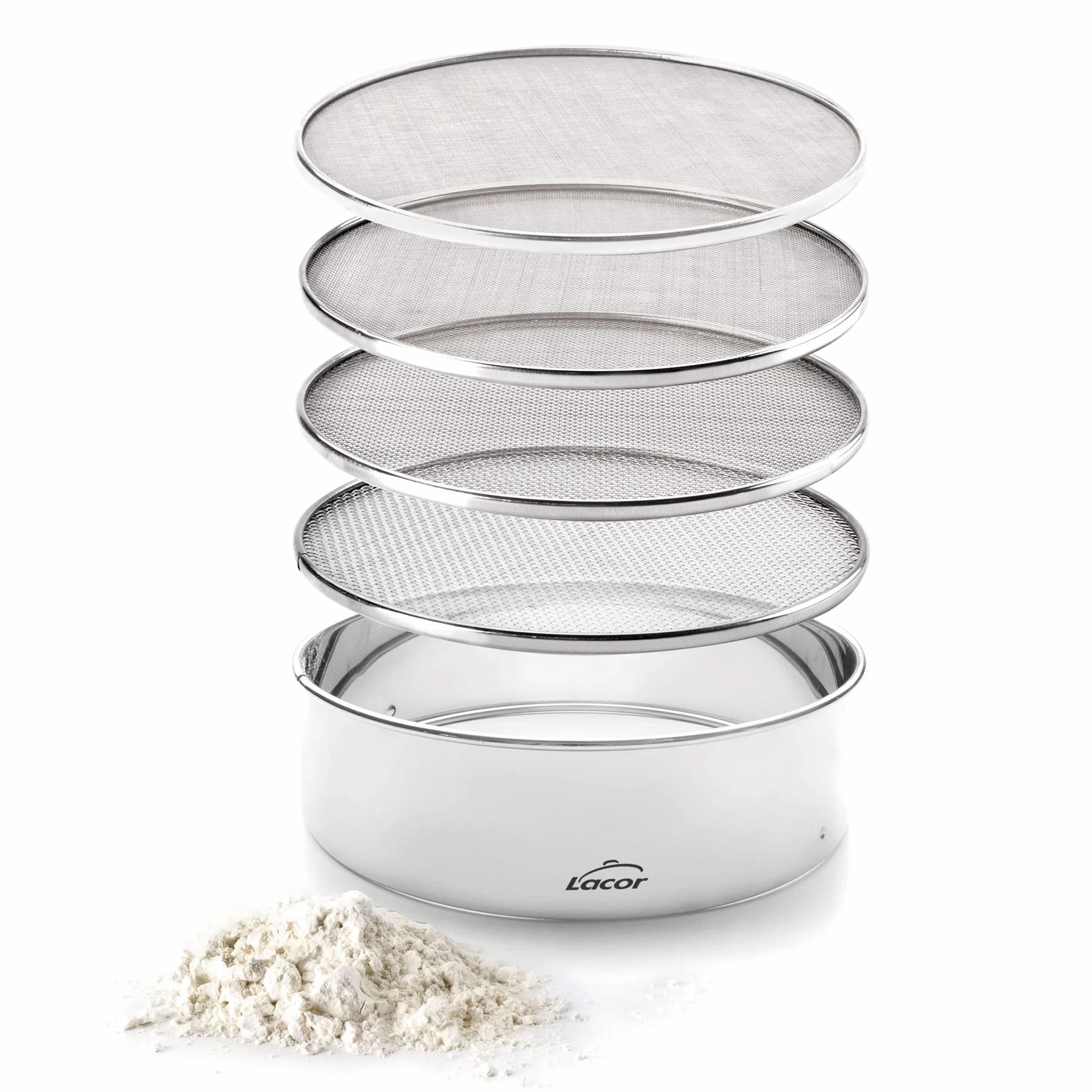 Lacor 68341 - Cedazo - Acero inox, Tamiz intercambiable, 4 mallas, 23 cm | En acero inoxidable, tamiza harinas y azúcar finamente; ideal para cocina profesional y uso diario en casa, para el día a día