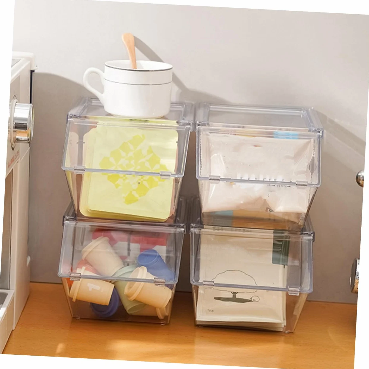 LIFKOME Organizador De Bolsitas De Té y Café Acrílico, 4 Piezas, Compacto y Transparente, Resistente y Liviano, Para Cocina y Despensa, Caja Apilable Capacidad Grande