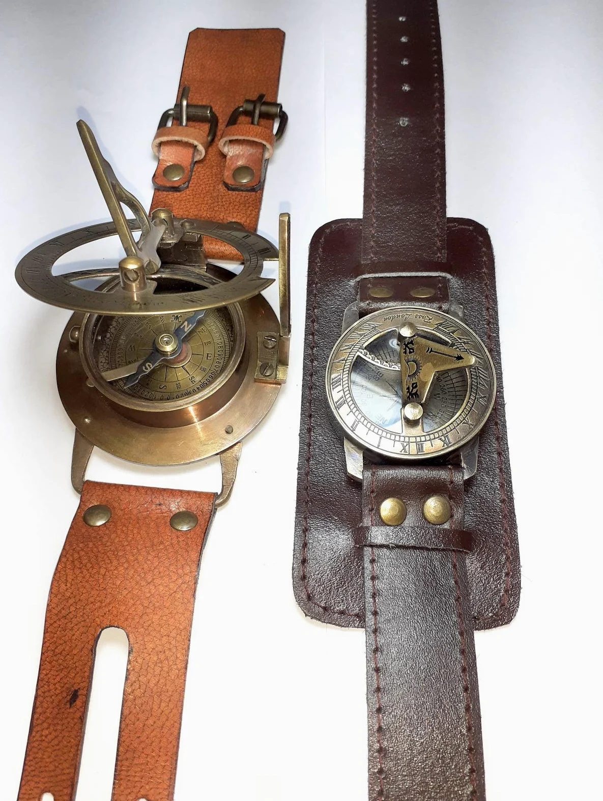 Reloj de pulsera Steampunk con brújula de latón y reloj de sol con correa de cuero, reloj solar de aprox. 15.4 x 6.4 x 2.9 pulgadas, Marrón, Antiguo