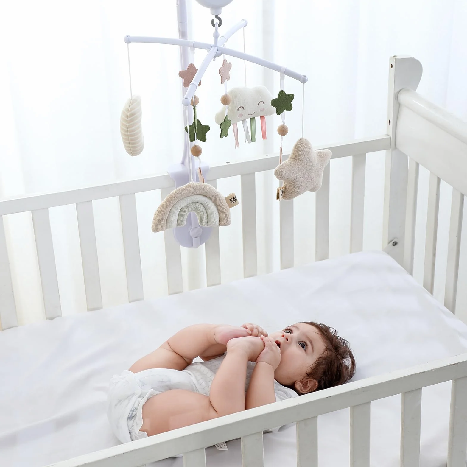 Móvil Cuna de Bebé - 35 Musical - 3 Modos - Volumen Ajustable - Fácil de instalar - Para niños y niñas de 0+ meses (Arcoíris)