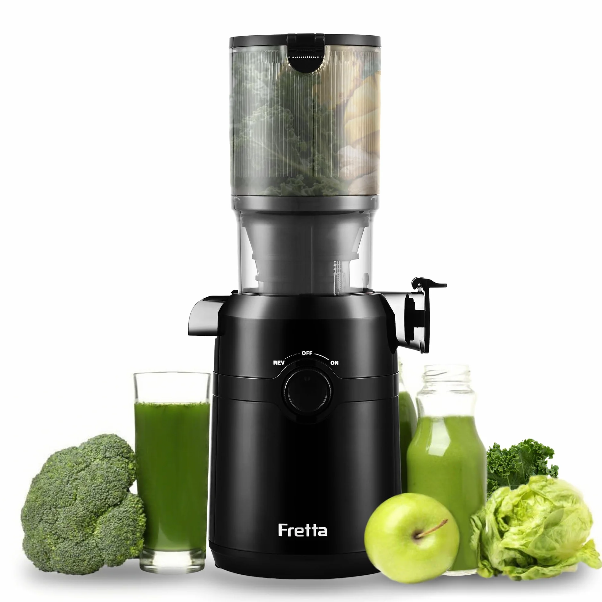 Fretta Extractor de Zumos y Verduras, Apertura de 108MM y Capacidad de 1L, Licuadora Prensado en Frio para Verduras Frutas Enteras, 200W Slow Juicer Machine, Fácil Montaje y Limpieza, Sin BPA (Negro)