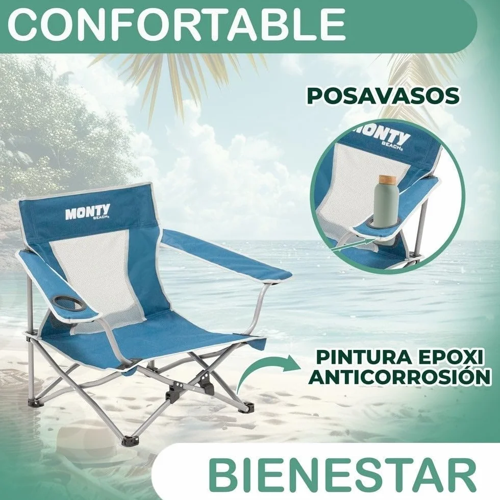 Silla playa y camping plegable cierre tijera acero pintura Epoxi anticorrosión tejido Oxford 600 D azul respaldo malla transpirable portavasos bolsa transporte reposabrazos