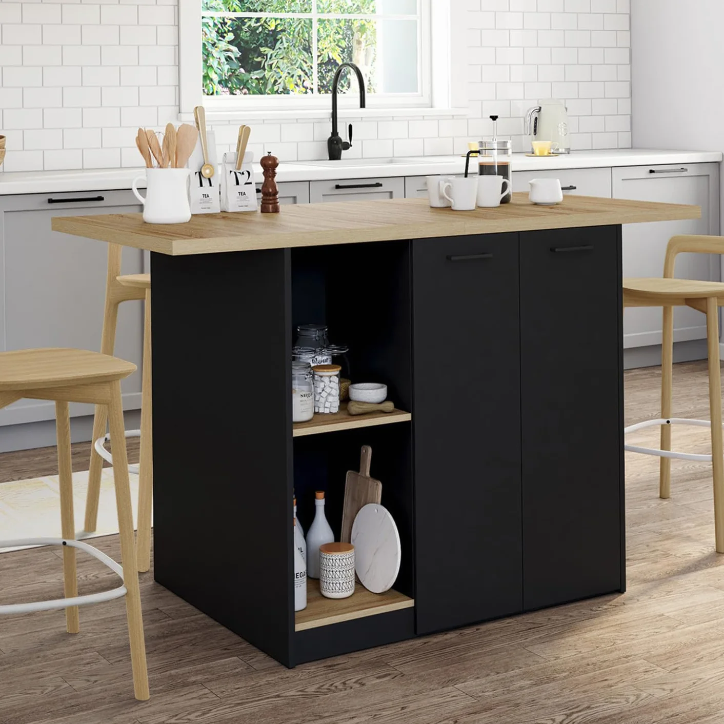 IDMarket – Ilot central BAO 140 cm 4 personas madera negra con encimera de haya