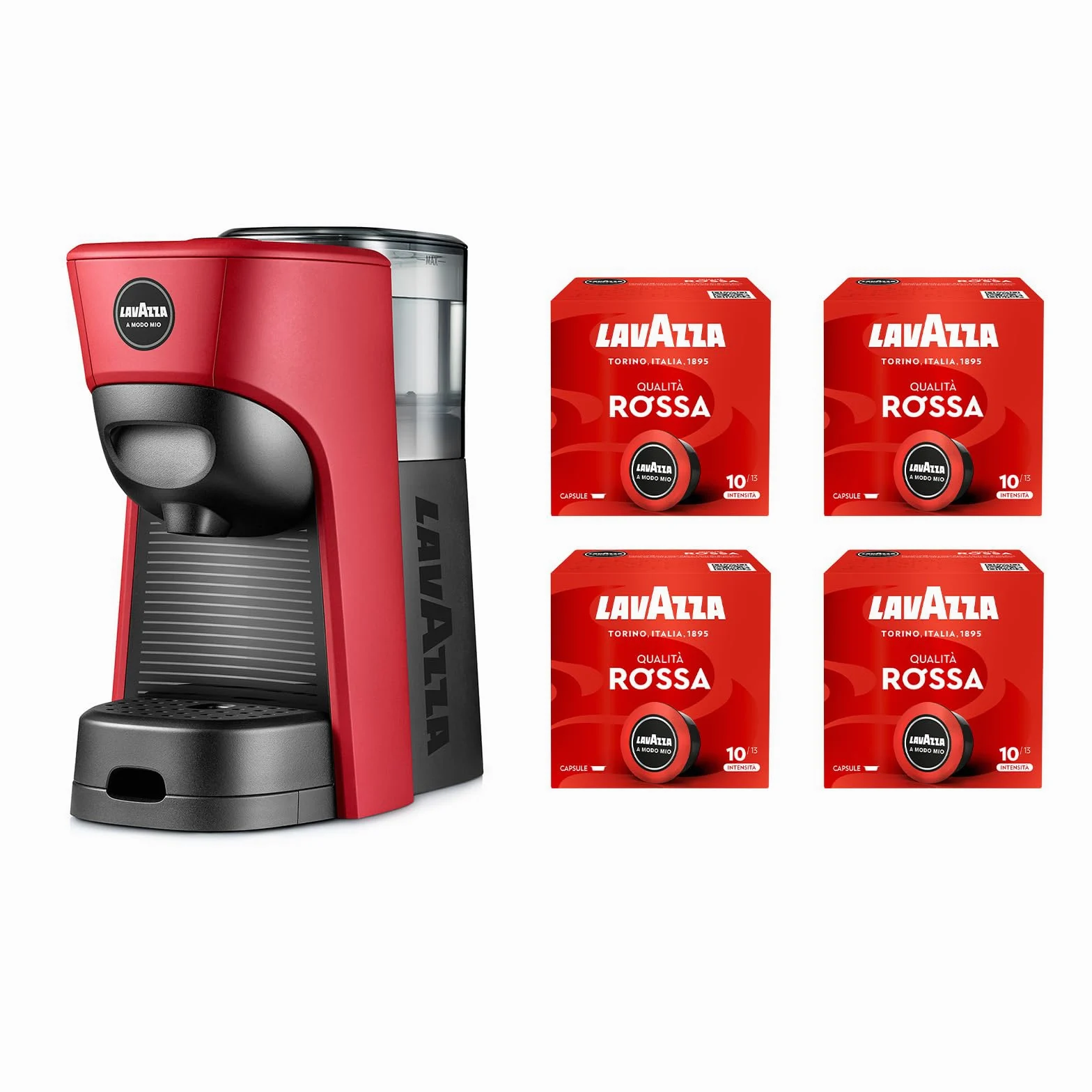 Lavazza, A Modo Mio Tiny Eco - Cafetera de 64 Cápsulas Roja Cafetera Espresso de Plástico Reciclado 1450W 220-240V 50/60Hz 0.6L