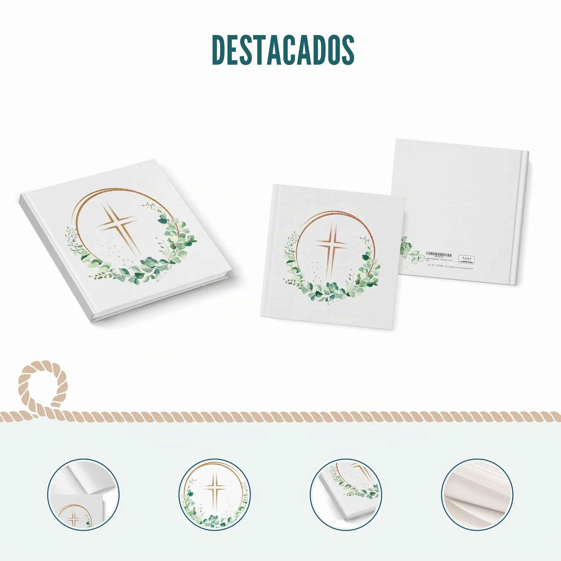 Libro de firmas con cruz dorada y corona de eucalipto: libro de visitas blanco para comunión, bautizo, confirmación y boda, 48 páginas en blanco, recuerdo con tapa dura, 15 x 15 cm