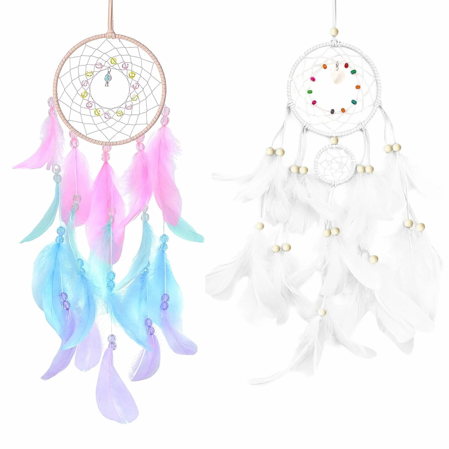 2 Piezas Atrapasueños para Niños, Dreamcatcher con Plumas Blanco y Rosa, Atrapasueños Bohemio Hecho a Mano, Atrapasueños para Colgar en la Pared, Decoración del Hogar