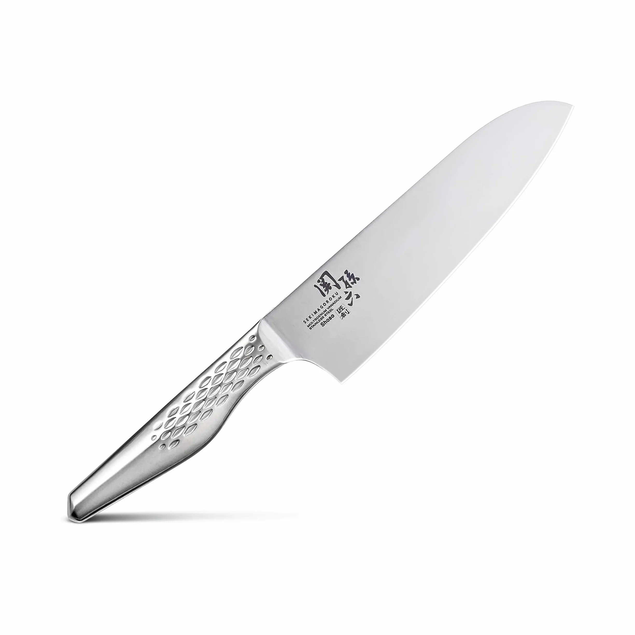 KAI Seki Magoroku Shoso Santoku 16,5 cm longitud de la hoja - acero inoxidable 5CR15MoV 56 (±1) HRC - afilado convexo - mango de acero inoxidable 18-8 con patrón de rombos - Hecho en Japón
