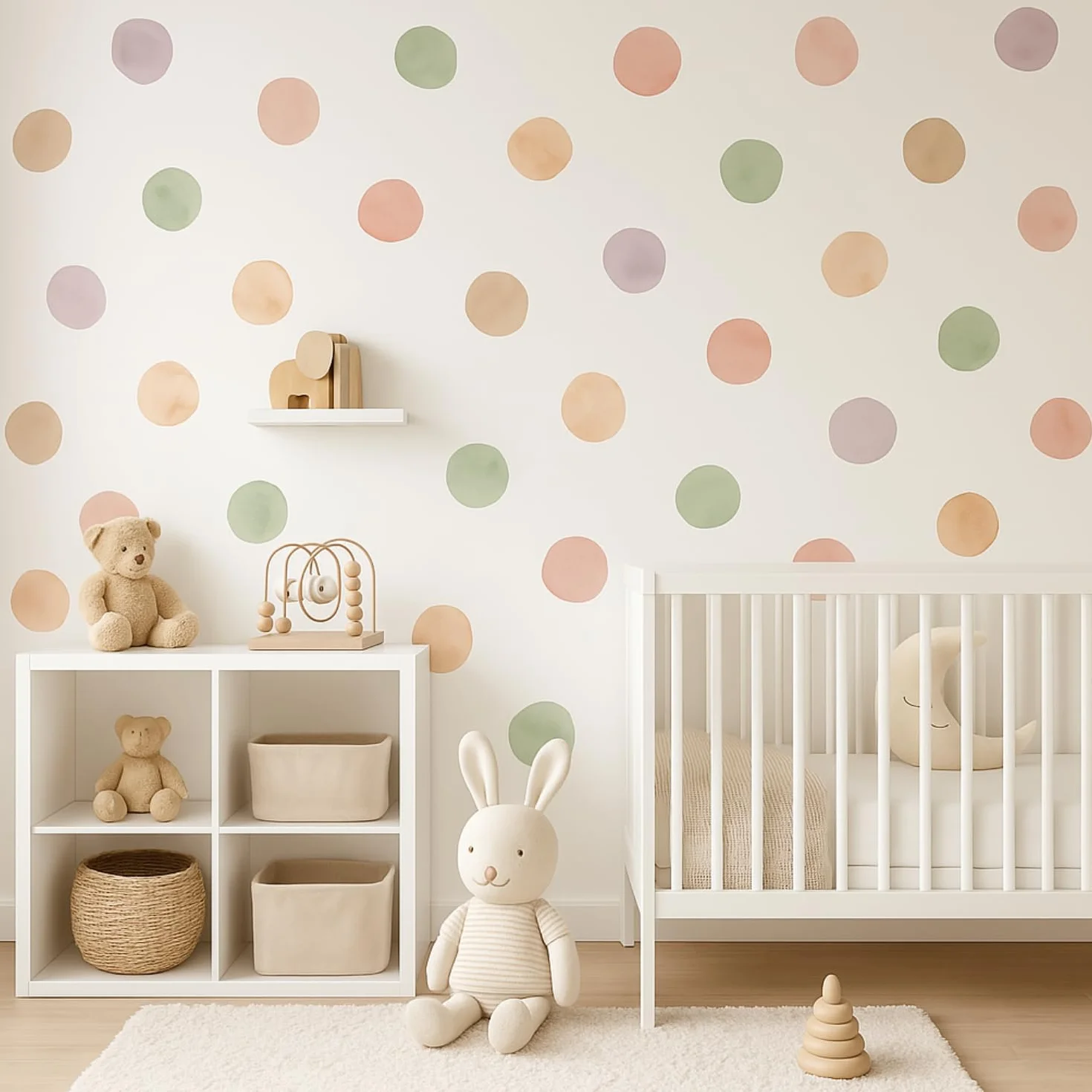 Pegatinas Infantiles Decorativas de Vinilo Adhesivo para Pared - Set de 72 Lunares Acuarela Multicolor para Habitación de Bebé