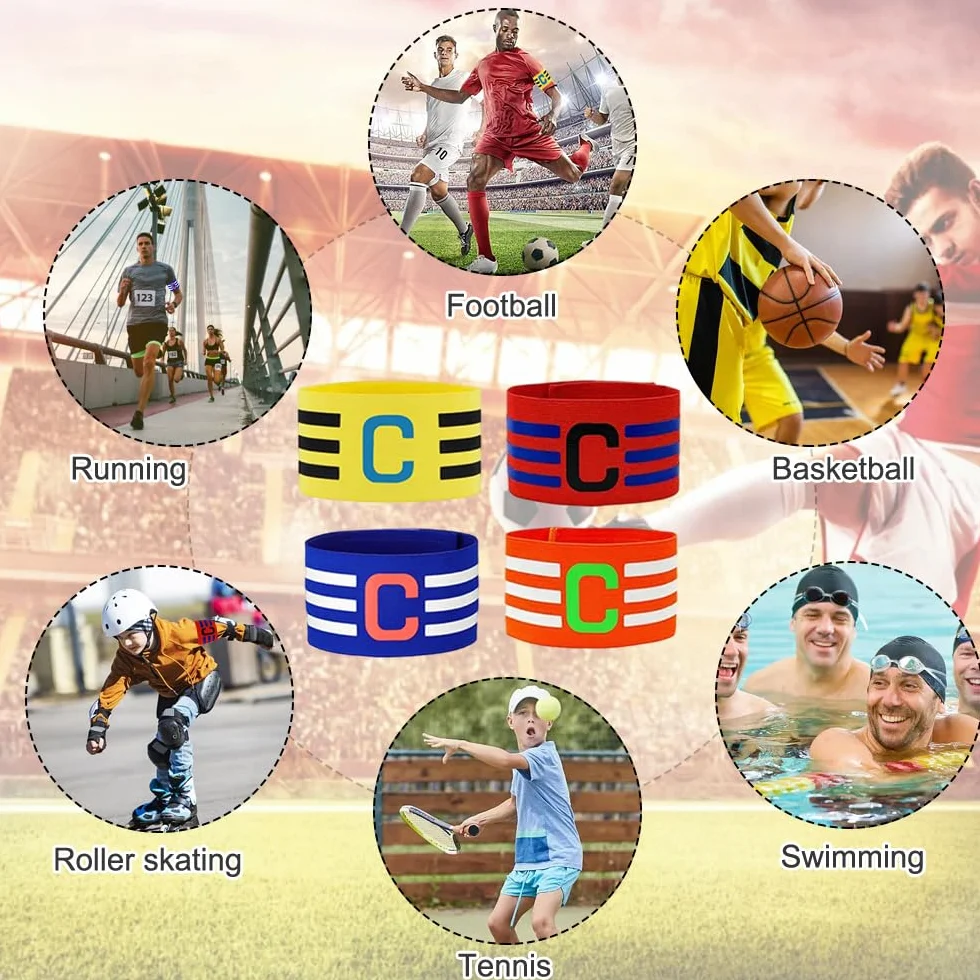 Jinsion 4 Piezas Brazaletes de Capitán de Fútbol Multicolor Ajustables Personalizado para Deportes de Pelota