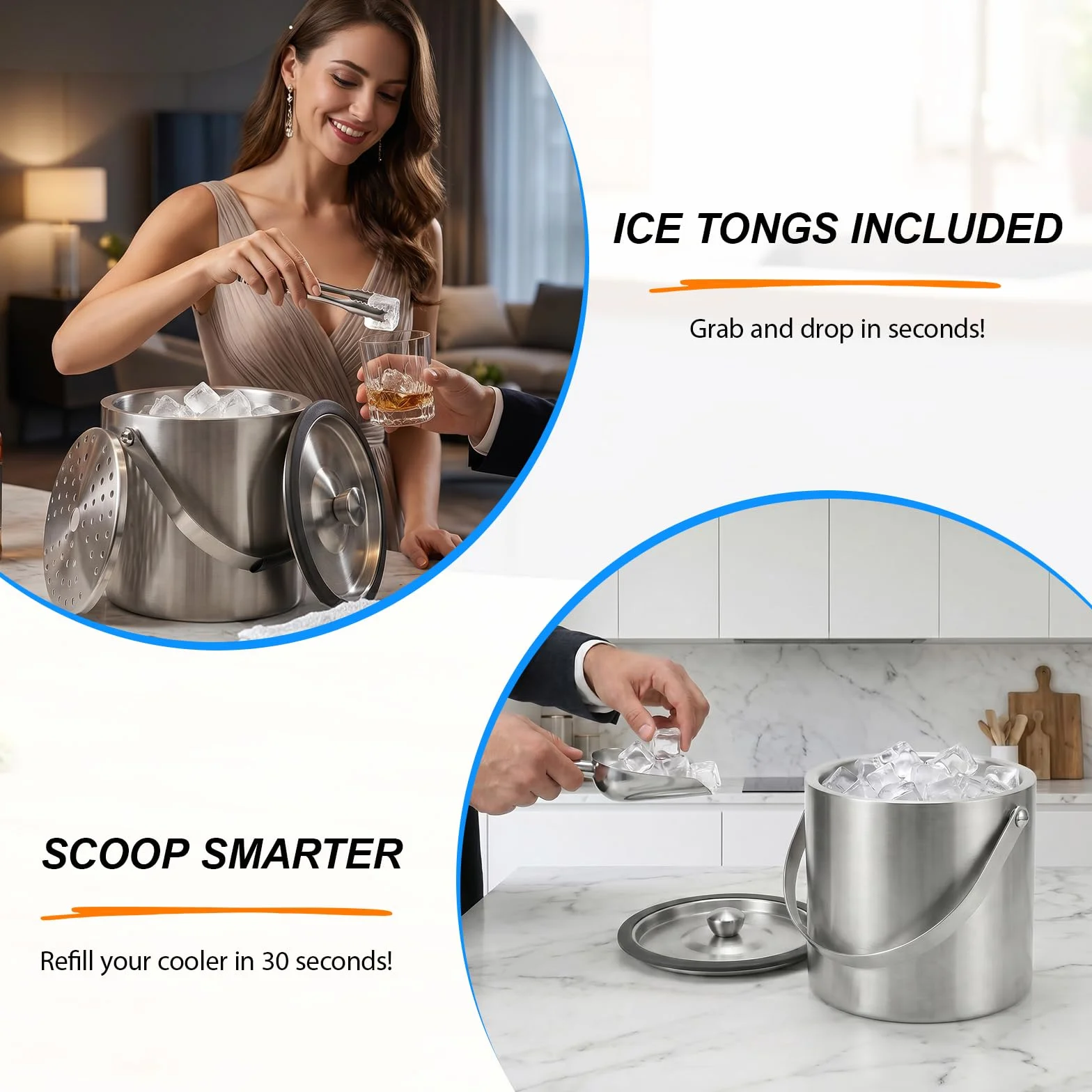 3L Cubitera de Acero Inoxidable, Cubo de Hielo con Tapa, Cuchara, Filtro y Clip Cubitera Aislado de Doble Pared Portátil Contenedores de Hielo para Fiestas, Restaurantes, Picnics, Vino