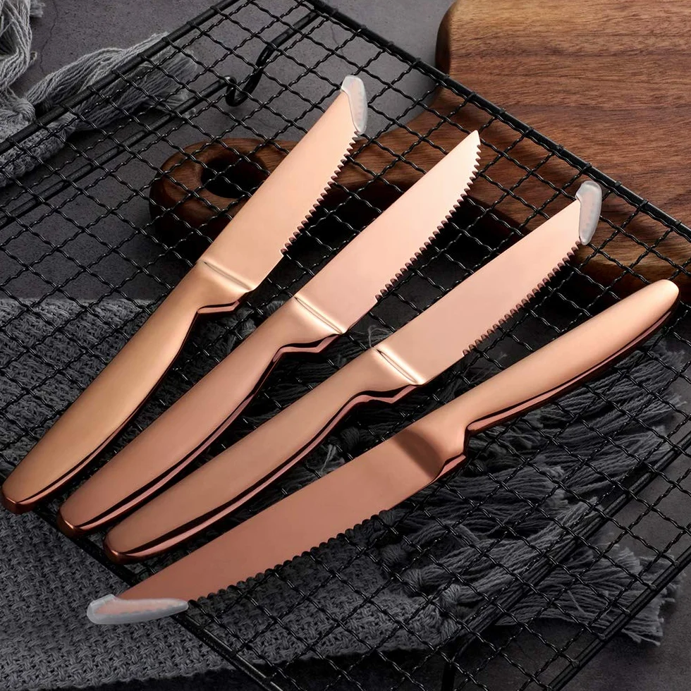 Bisda Juego de 6 Cuchillos de Carne Oro Rosa serrado Steak Knives Acero Inoxidable Sierra Cuchillo para Carne 22cm de Largo Cuchillos de Mesa Cuchillos de Cocina lavavajillas Seguro