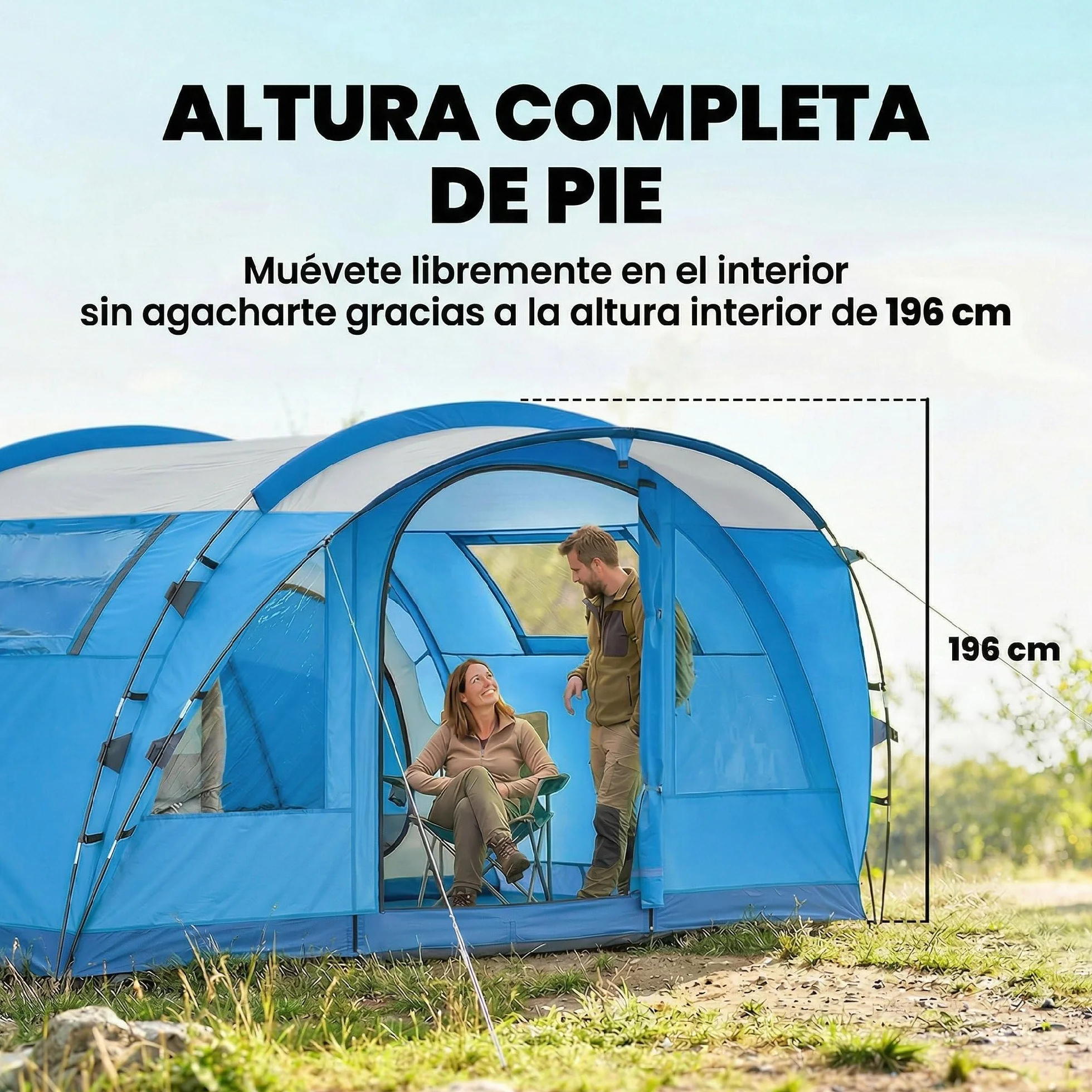 Outsunny Tienda de Campaña Familiar 5 Personas Tipo Túnel 3 Habitaciones Impermeable 3000 mm Azul