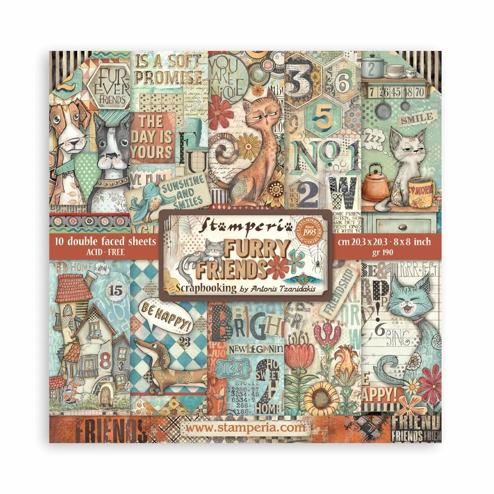 Stamperia - Scrapbook Paper Pad for Scrapbooking, Albums, Card Making, Bullet Journalling and More, Acid Free, Double-Sided, Perfect for Hobbies, Crafts, and Gifting (Furry Friends) (20.3 x 20.3cm)