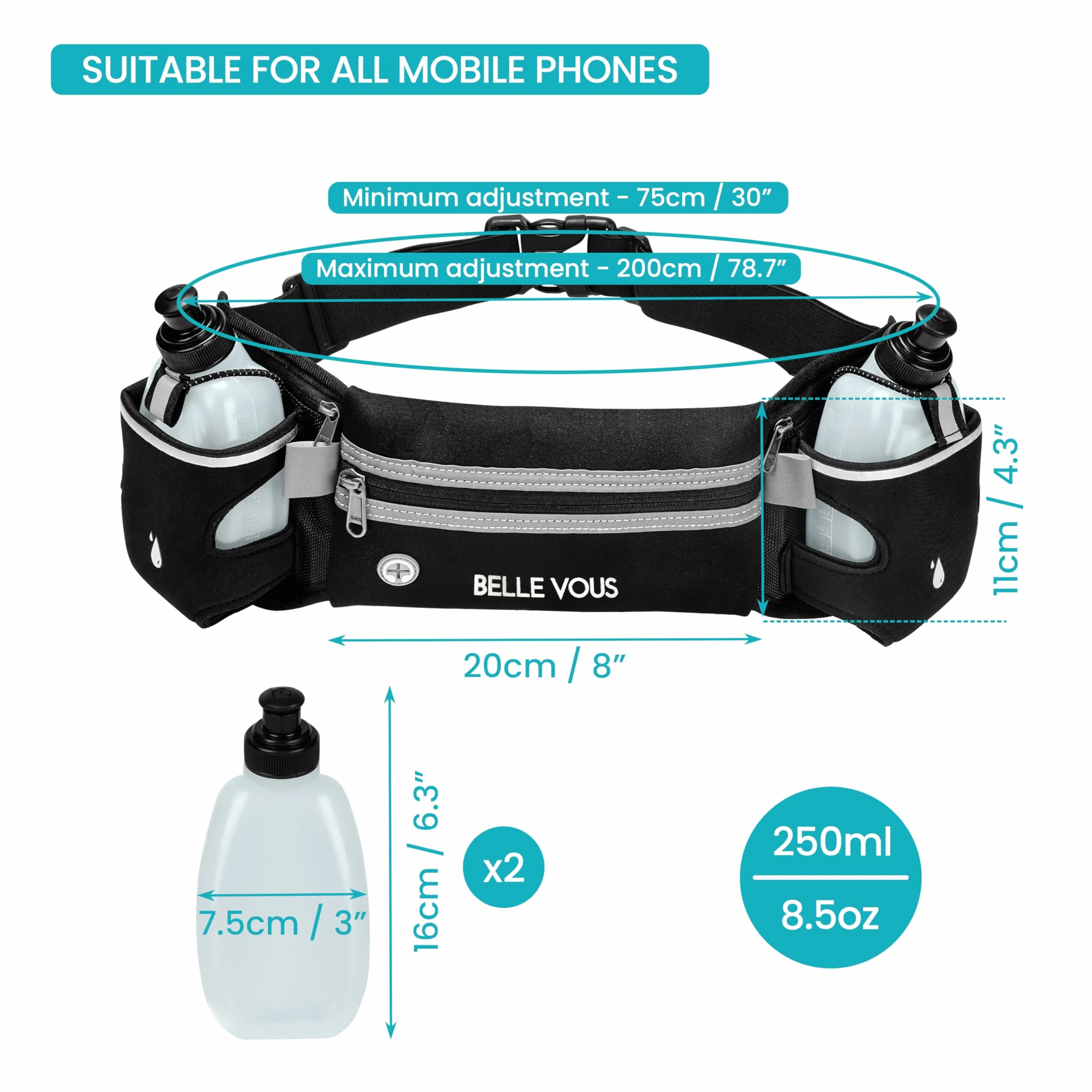 Cinturón ajustable para correr con riñonera y 2 botellas de agua 300 ml