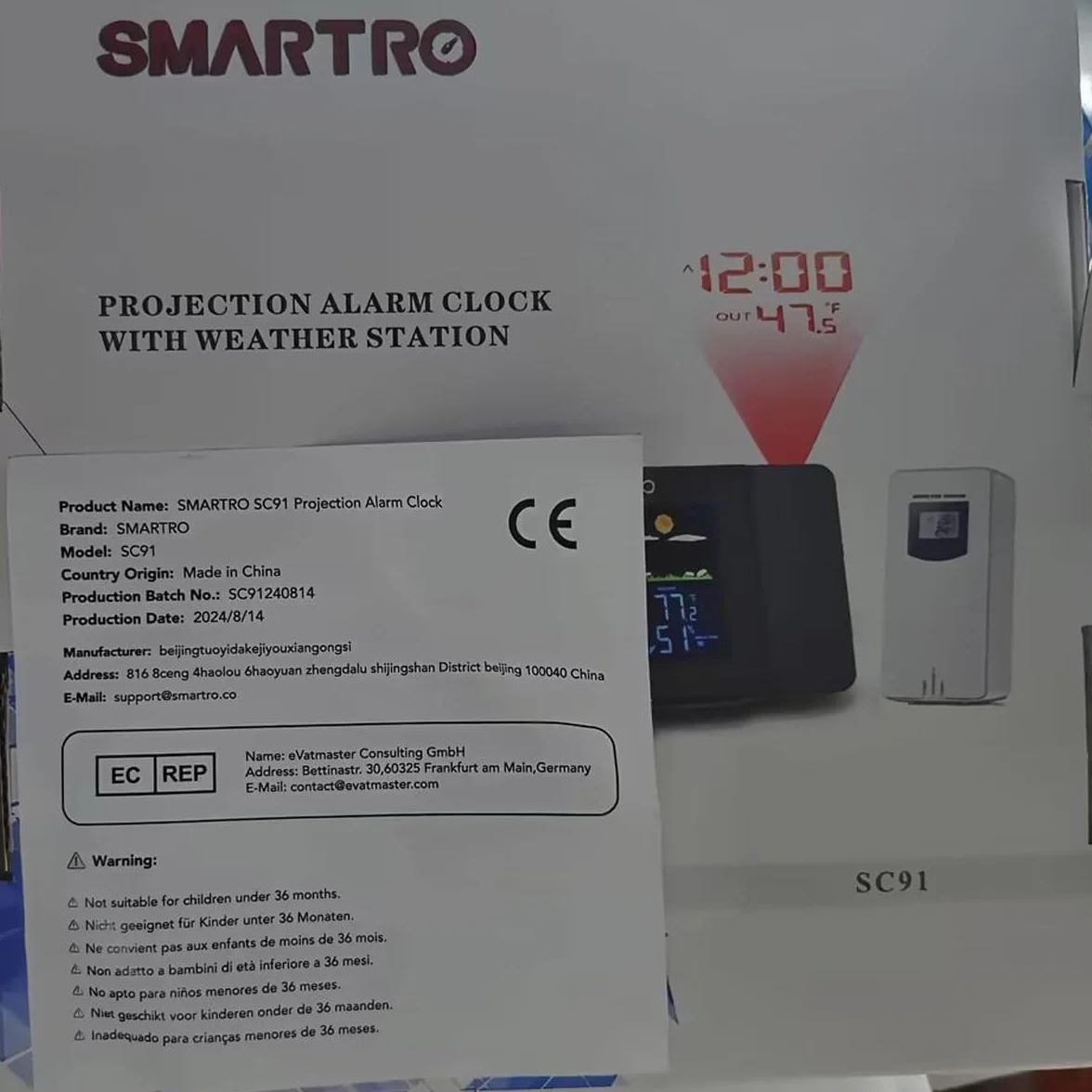 SMARTRO SC91 Despertador de proyección para dormitorios con estaciones meteorológicas, termómetros inalámbricos interiores y exteriores, monitores de temperatura y humedad y higrómetros