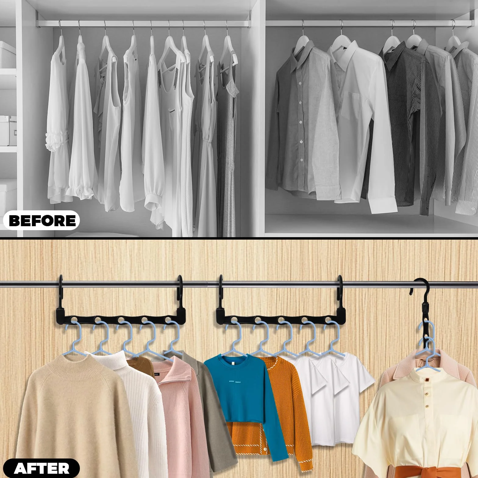 10 pcs Perchas Mágicas - Ahorro Espacio Organiador con 6 Agujeros y Gancho Giratorio de 360° - Ahorrar Espacio Perchas para Ropa Pesada, Negro