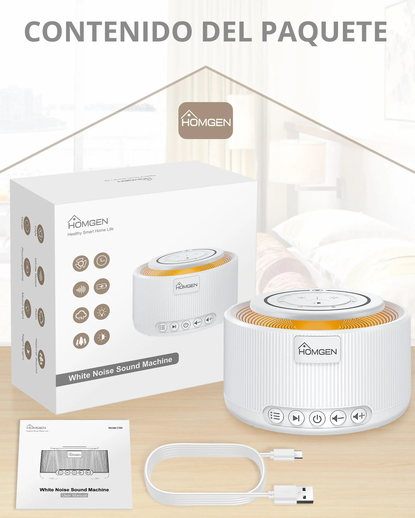 HOMGEN Máquina de Ruido Blanco con Luz Nocturna y 30 Sonidos, Recargable USB, Blanco