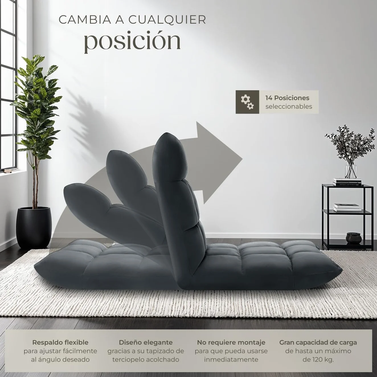 tectake® Sillon Plegable Lectura, Silla de Suelo Ajustable para Tatami, Terciopelo, Respaldo Flexible en 14 Posiciones, Sofa Suelo de Estructura de Acero, Silla Yoga, cómodo cojin de Suelo - Gris