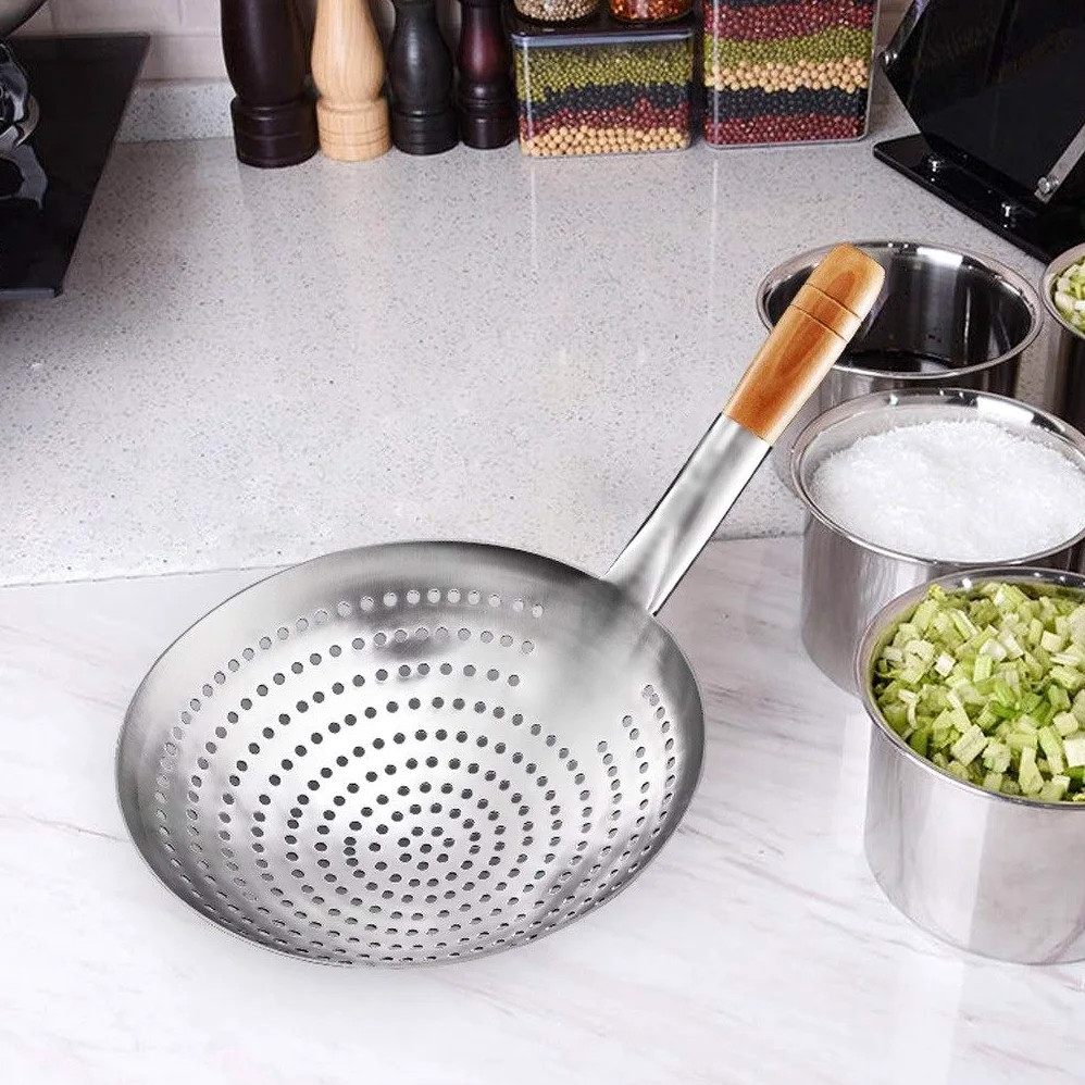 cuchara agujereada Cocina alambre de acero inoxidable colador de acero inoxidable mango de madera tamiz del grado comercial colador grande for la familia hotel Restaurantes (10.2" ) colador ( Size : L
