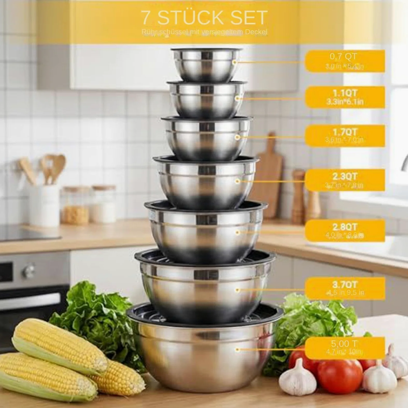 Cuenco Mezclador Con Tapa 7 Piezas De Acero Anidables Redondos | Boles para Preparación de Alimentos de Hogar y Para Salsas Snacks Huevos Condimentos Verduras Frutas