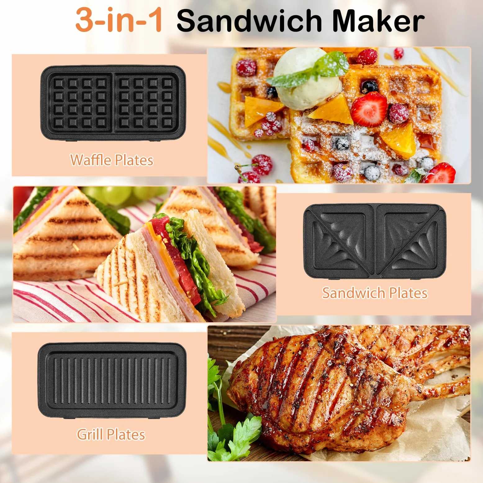 SOARS Sandwichera 3 en 1, 1200 W, máquina eléctrica Panini | 5 temperaturas ajustables, doble cara, parrilla extraíble y lavable, antisobrecalentamiento, color negro