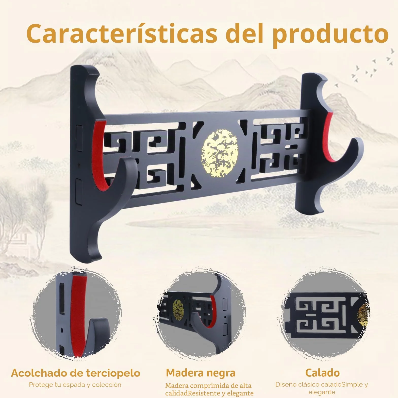 Soporte de espada Katana de 1 nivel, icono de dragón de terciopelo, acolchado, para samurai, Wakizashi