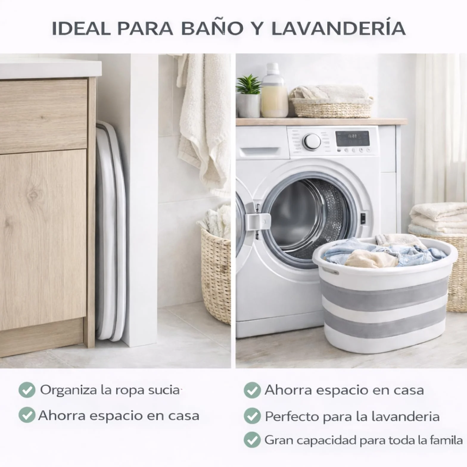 ForenTex Cesta Ropa Sucia Plegable 36L con 2 Bolsas de Lavado, Barreño para Colada, Cesto de Lavandería de TPR+PP Resistente, Ahorra Espacio para Baño, Lavandería y Dormitorio, Gris y Blanco