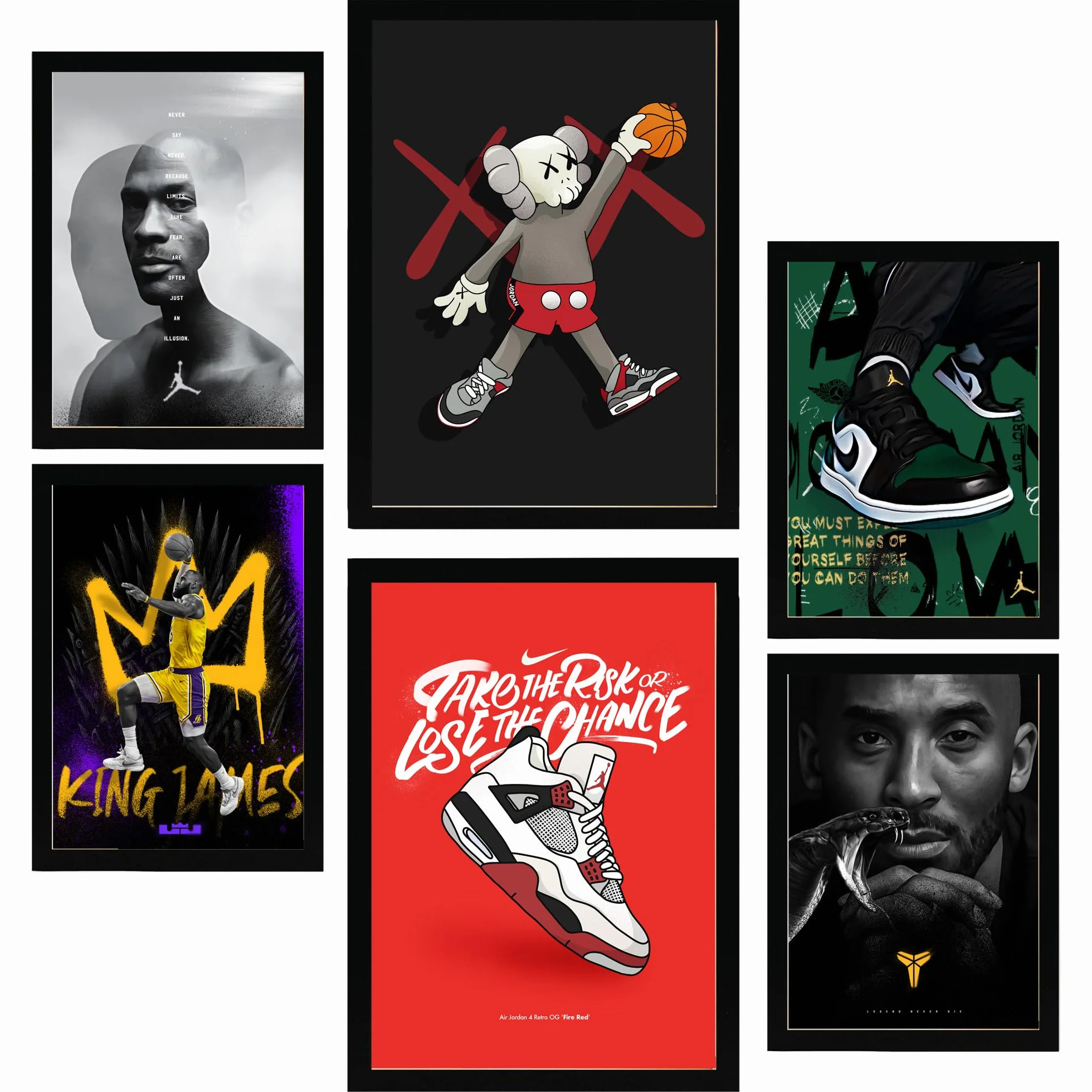 Nacnic Set de 6 Iconic Basketball KIng James Jordan Nike Cuadros con ilustración de diseño para decorar las paredes del hogar. Habitación, oficina, tienda. A3 y A4. Marco negro