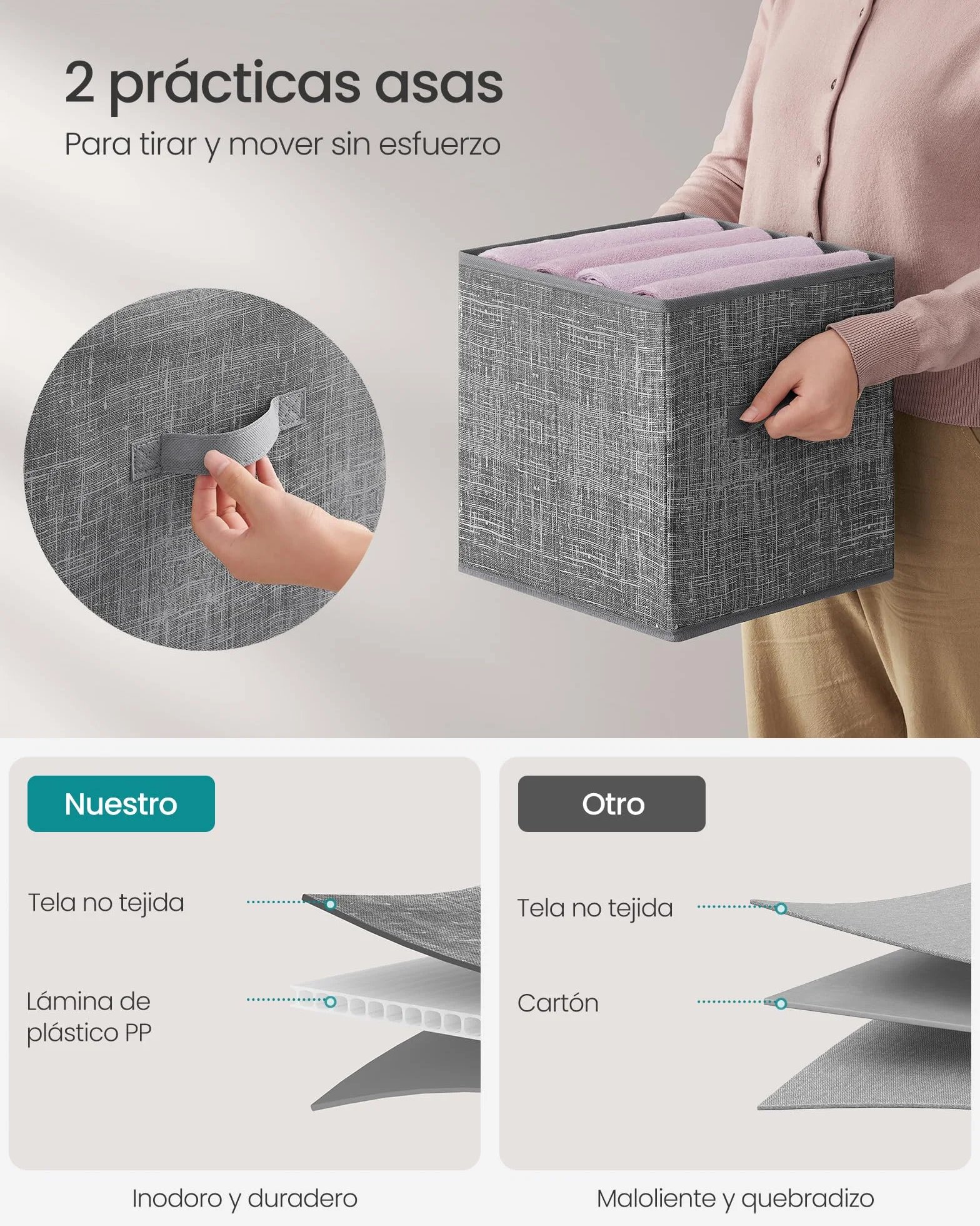 SONGMICS Cajas de Almacenaje, Juego de 8 Cajas de Almacenaje de 28 cm de Tela no Tejida, con Asas Dobles, Organizadores de Cubos, para Estantería, Plegables, para Ropa, Gris Espadaña ROB826G01