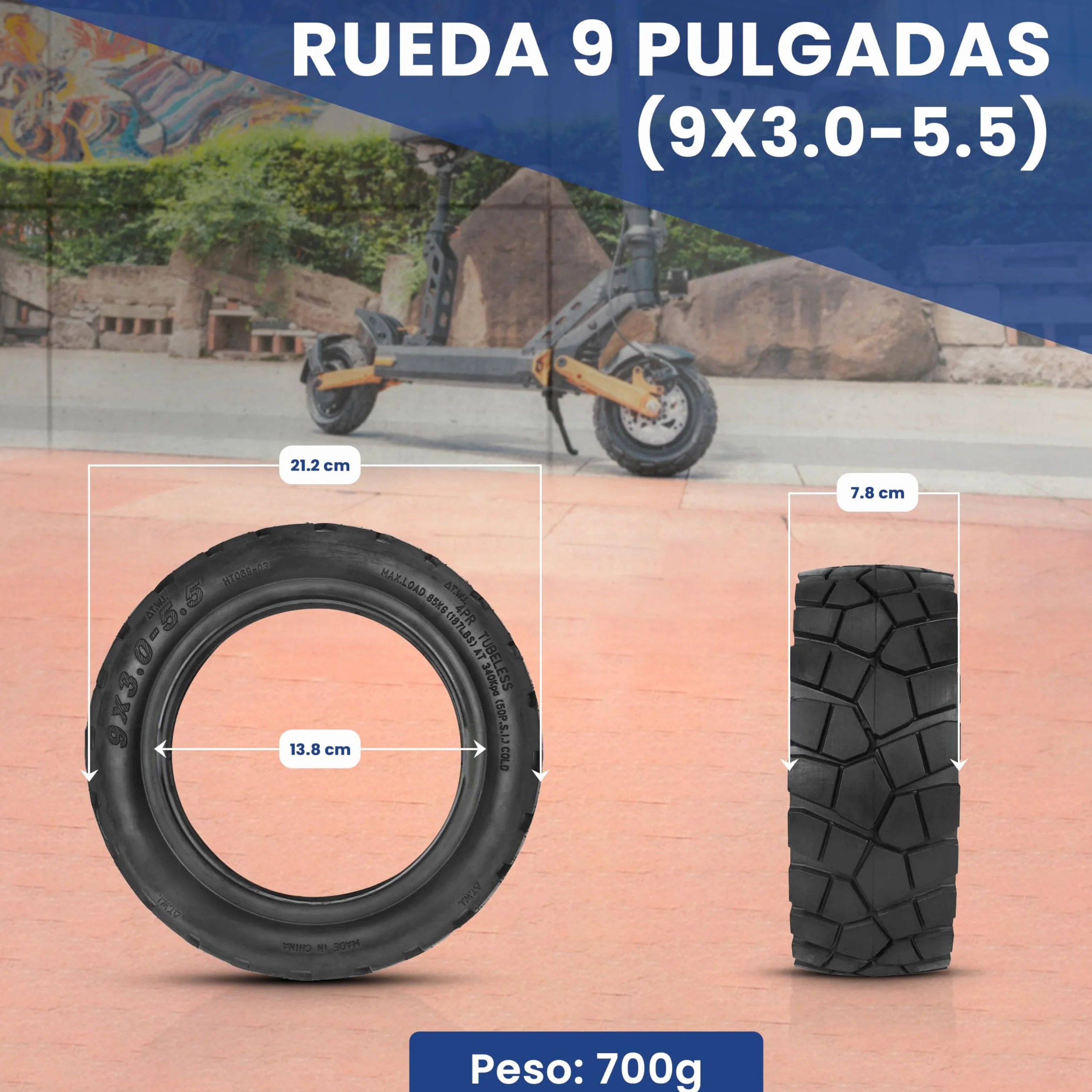 ANSENI Rueda Tubeless 9x3.0-5.5 Cubierta 9 Pulgadas Offroad Neumático Sin Cámara para Patinete Eléctrico Kukirin G2 Pro