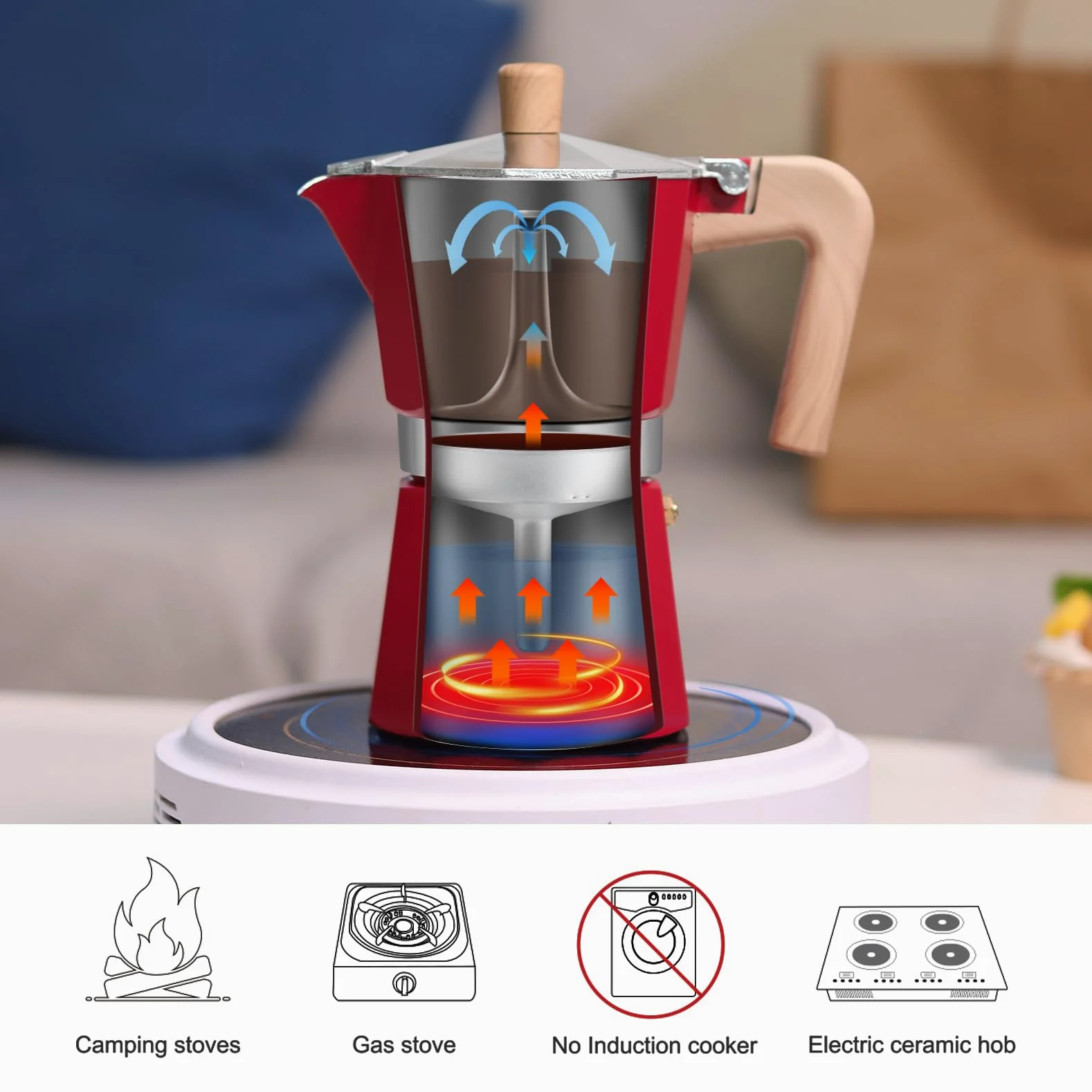 Sivaphe Olla Moka de aluminio con 3 tazas de espresso, cafetera y espresso percoladora, cafetera portátil italiana y cubana para el hogar y camping, color rojo