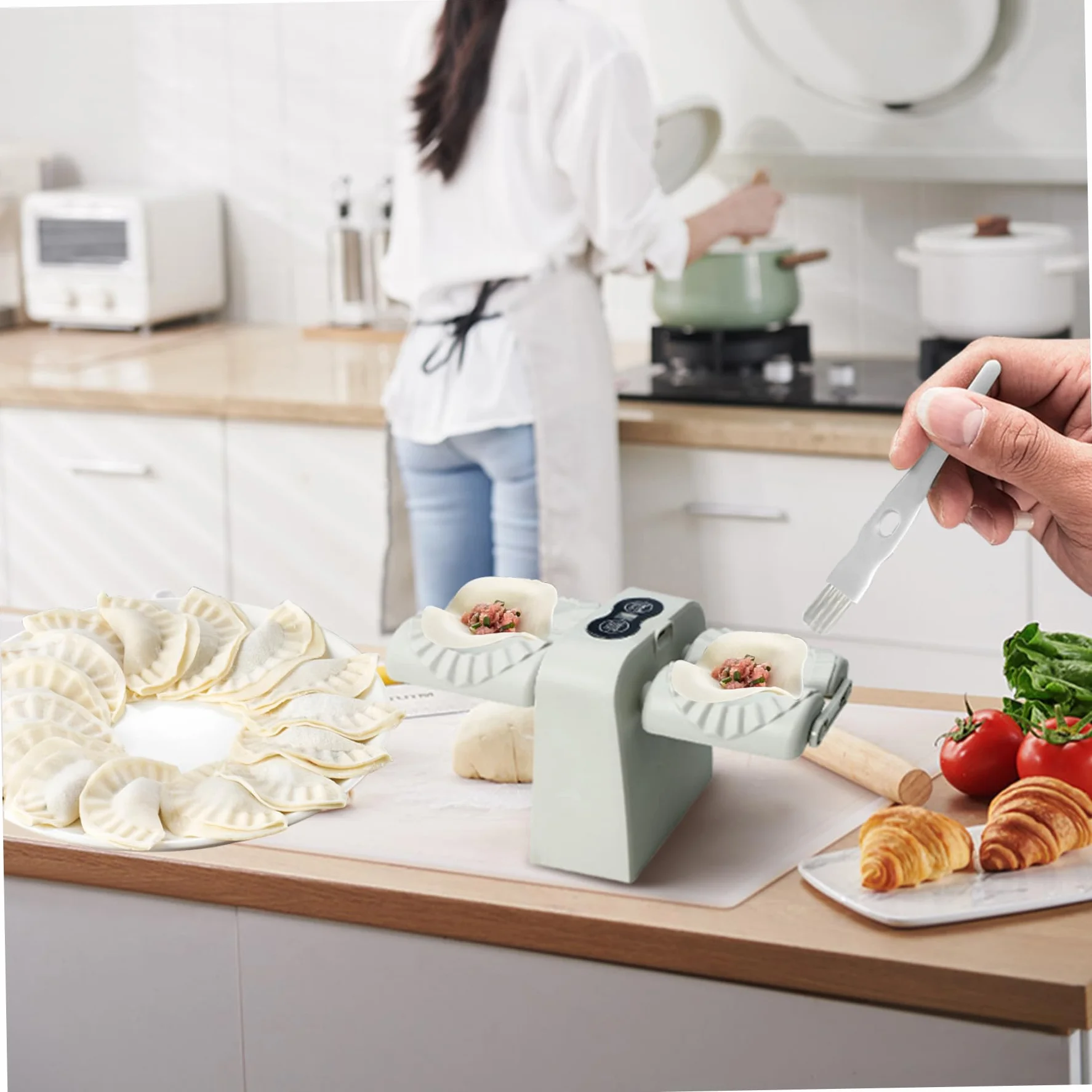 Jorzer Máquina automática para Hacer Bolas de Masa hervida de Doble Cabezal con 2 Modos de Grado alimenticio eléctrica para Hacer raviolis empanadillas wontons y más en casa
