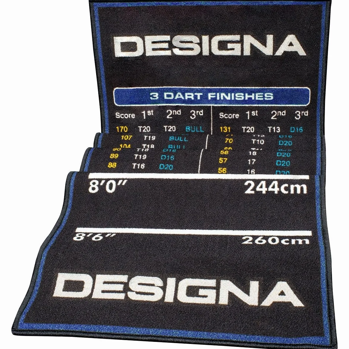 Designa Darts MAT38 | Alfombra Antideslizante para Dardos con diseño de Pago, Ancha, Azul, 290 cm x 80 cm