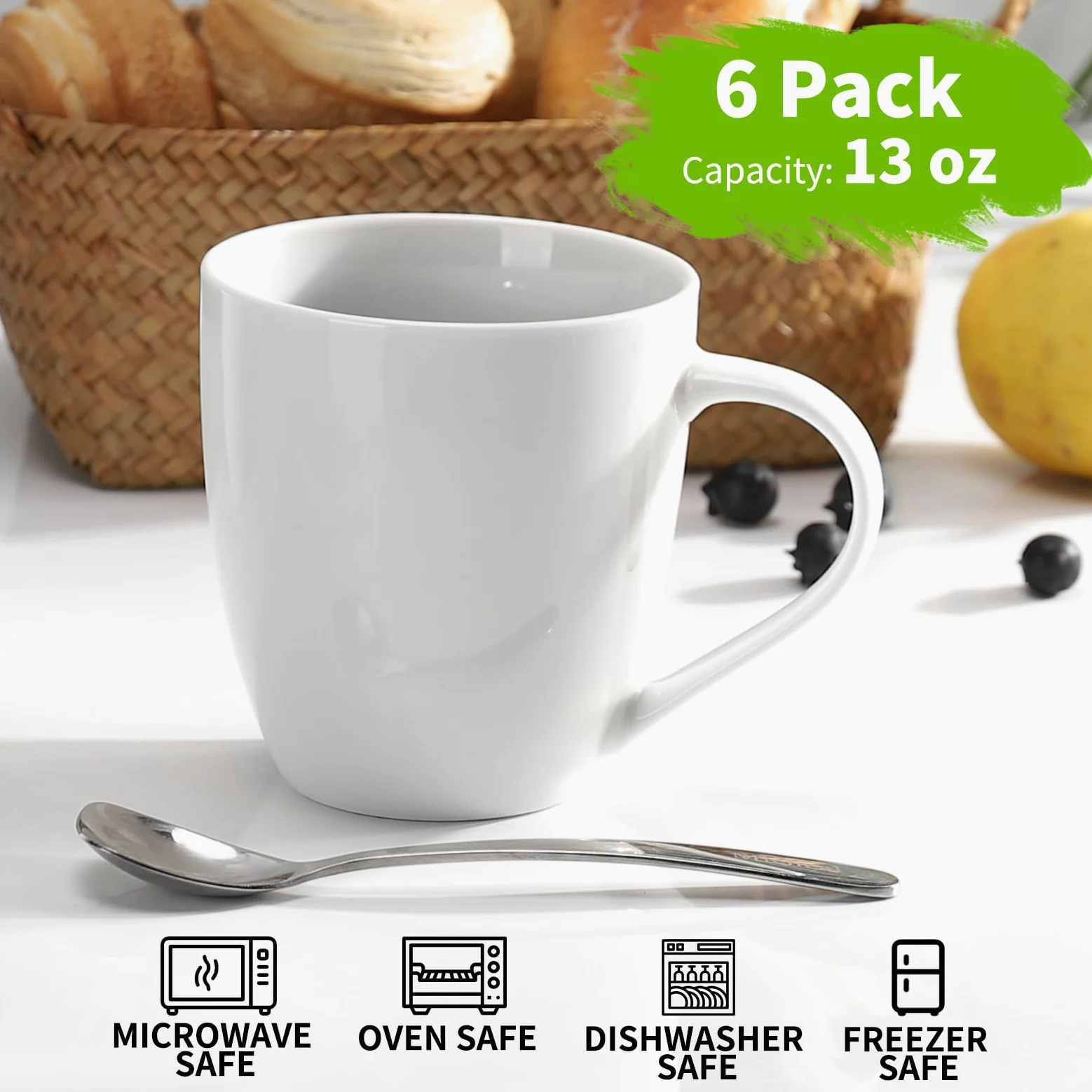 Juego de 6 tazas de café de porcelana de 13 onzas con asa, tazas de té de cerámica para café con leche, té caliente, capuchino, moca, cacao, juego de regalo de tazas de colores surtidos, aptas para