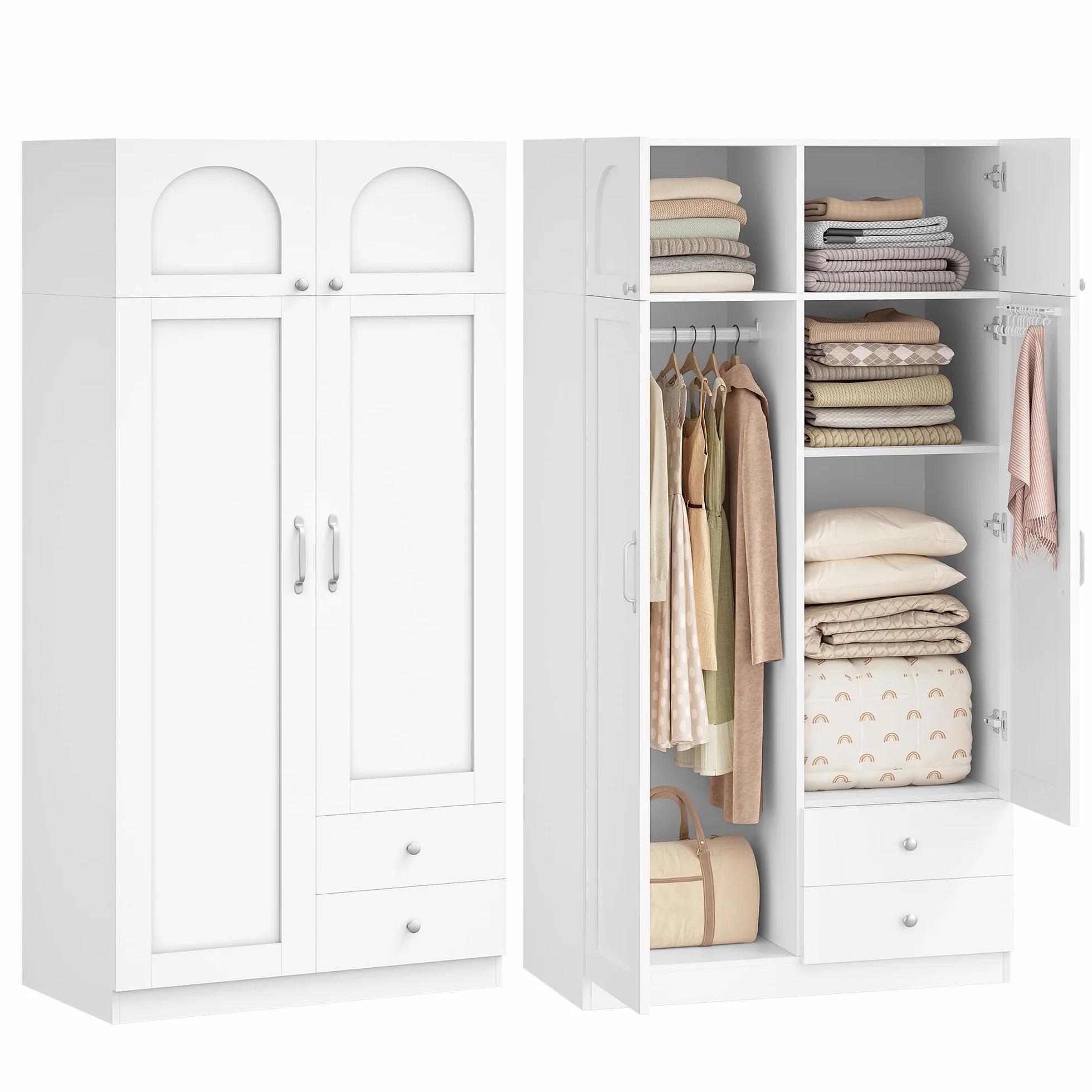 Hzuaneri Armario de 4 Puertas, 45×80×180 cm, Armarios Dormitorio con 2 Cajones y Perchas, 2 Estantes y Ganchos en Los Laterales de Las Puertas, Estilo Moderno y Minimalista, Blanco BW08003E