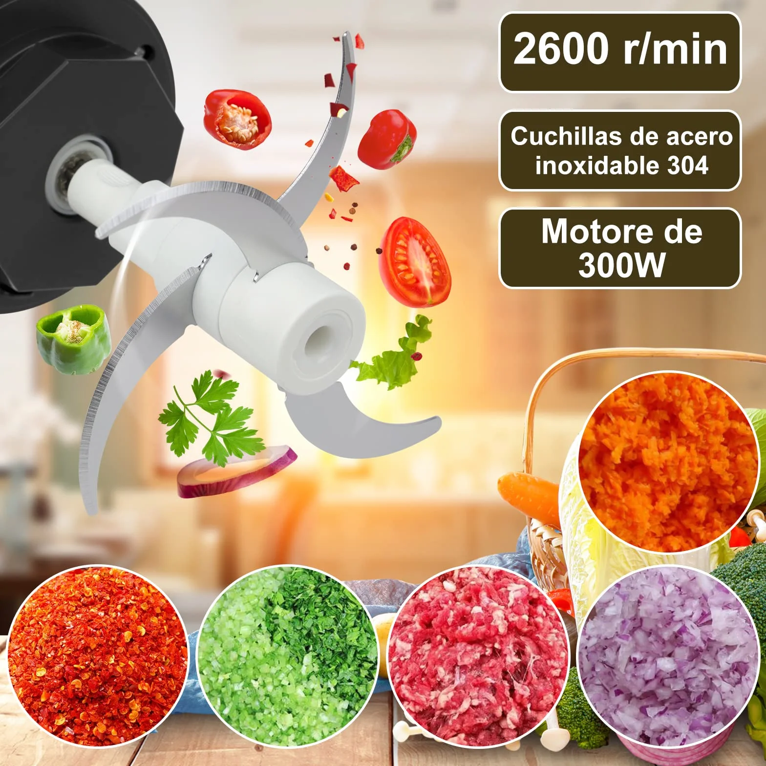 Bear 2L Vidrio Picadora De Alimentos, Función Pulso Con Una Mano,2600r/Min,2 Velocidades, Trituradora Con 4 Cuchillas De Acero Inoxidable, Picadora De Cocina Para Carne, Verduras,Cebolla Y Frutas