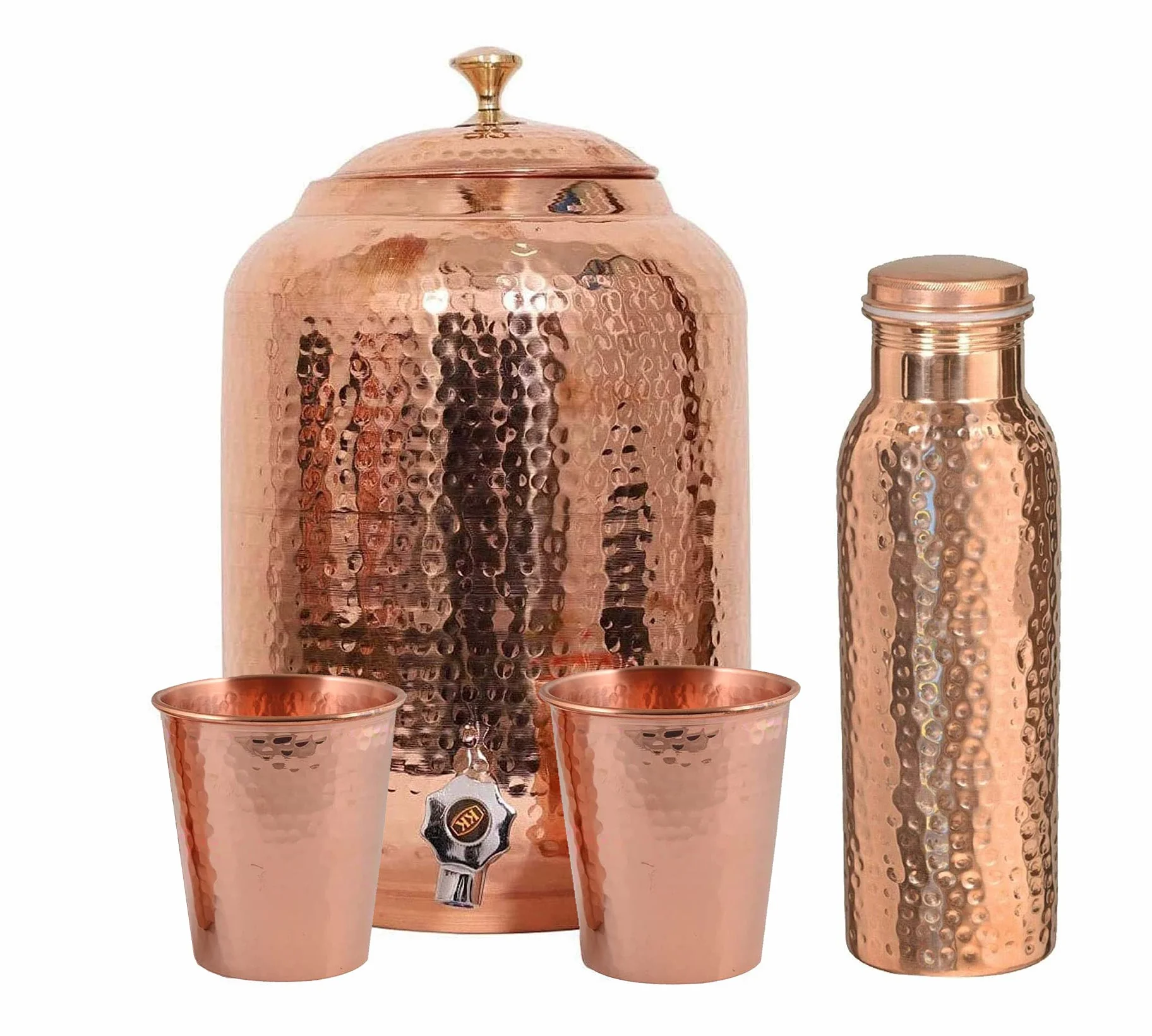 Dispensador de agua de cobre puro - 8 L - Acabado martillado - Bote ayurveda Health Healing 8 litros tanque de agua con 2 vasos surtidos y 1 botella de cobre