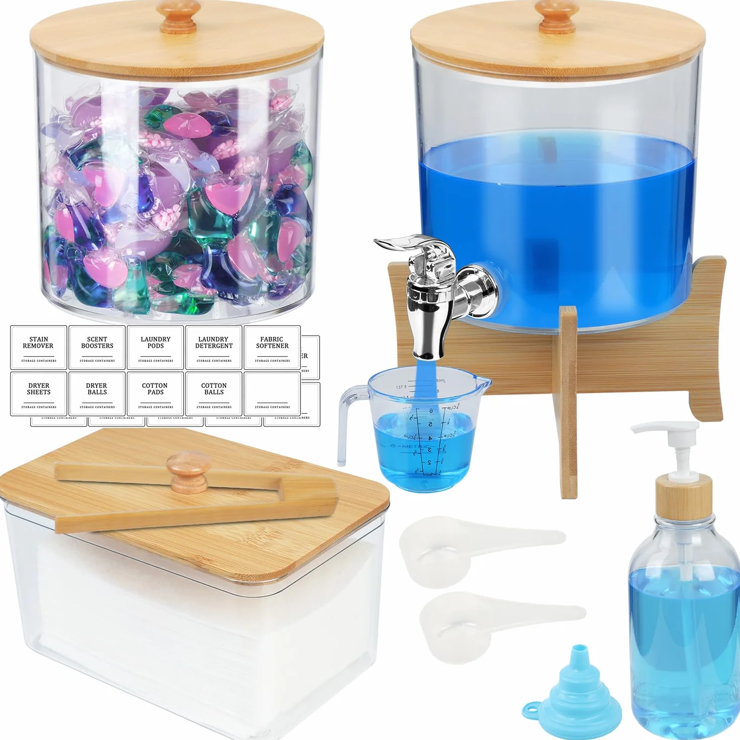 Juego de 12 organizadores de detergentes de 7 l con etiquetas y tapas de bambú, caja de detergente para detergente en polvo, detergente líquido y vainas de ropa, contenedor de caja de polvo de lavado