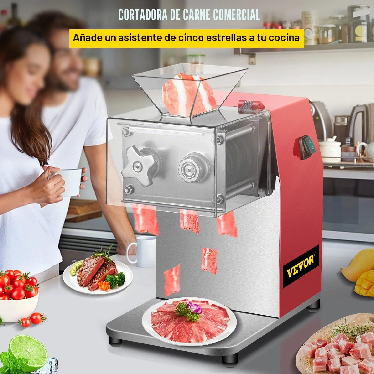 VEVOR - Máquina de corte de carne comercial, 250 kg/h, 850 W, hoja de 3,5 mm, cortador de carne eléctrico de acero inoxidable, para cocina, supermercado, cordero, carne de res, pollo, rojo