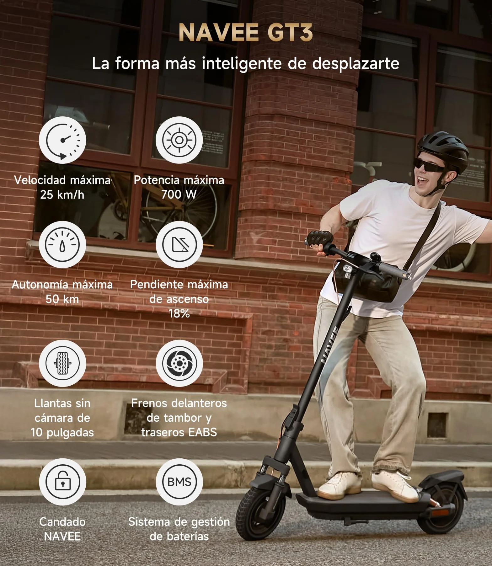 NAVEE Patinete Eléctrico Adultos GT3 ST3 Serie 50-75km 700-1000W Absorción Cuádruple Choques TCS 18-22% Pendiente Neumáticos Tubeless 10"