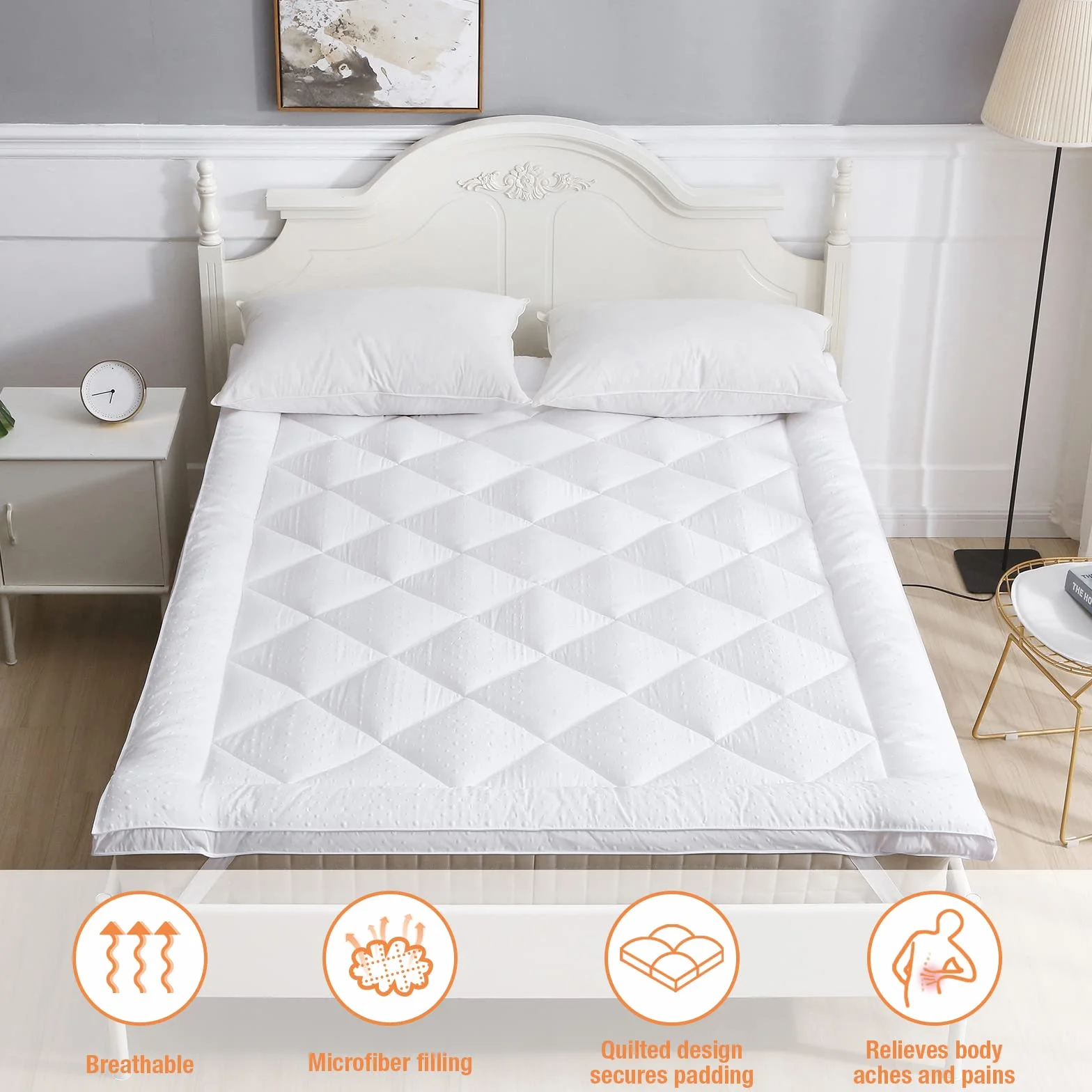 Topper Colchón Microfibra 180x200cm, Cubre Colchon Suave y esponjosa Aumento Comodidad Funda Colchon Acolchado Hipoalergénico para Cama Doble y Cama de muelles con Correa Elástica
