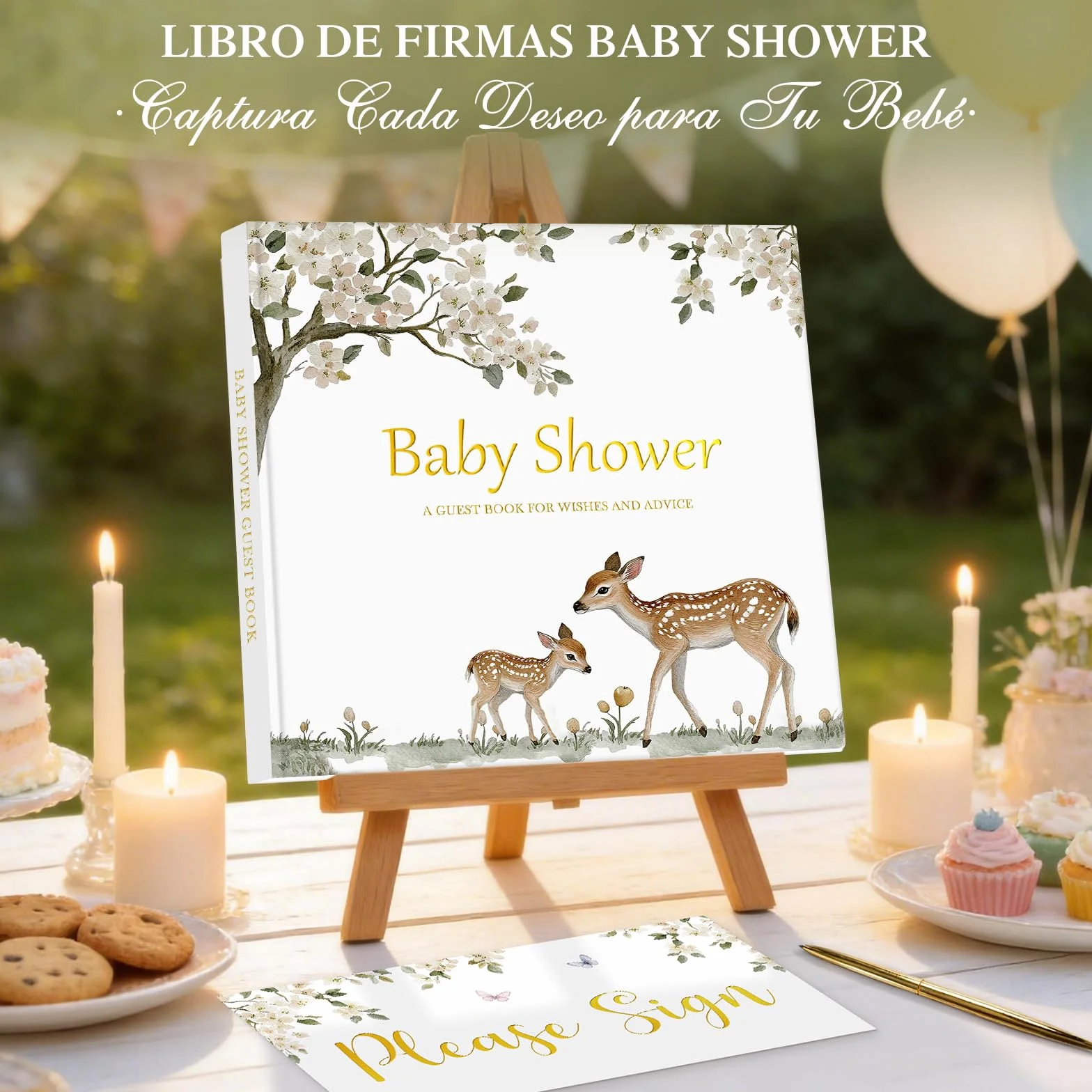 Lanpn Libro de Visitas para Baby Shower, Baby Shower Guest Book, Libro Firmas Recuerdo Regalo para Futuros Padres Gender Reveal Bebé Bautizo, Tema Animales Bosque Neutral, 114 Páginas, Inglés