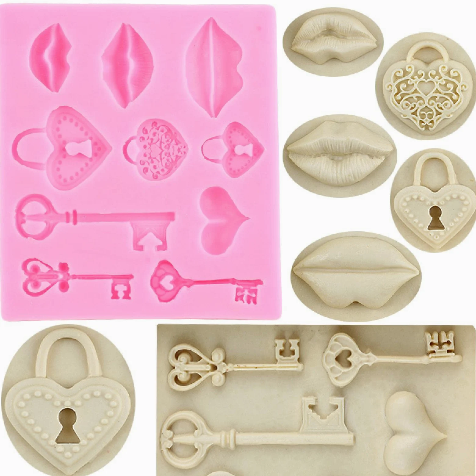 Moldes de jabón, 13,4 x 12 cm, diseño retro de llave de bloqueo, molde de silicona para labios, corazón, boda, cupcakes, fondant, decoración de pasteles, chocolate, caramelo, arcilla polimérica, molde