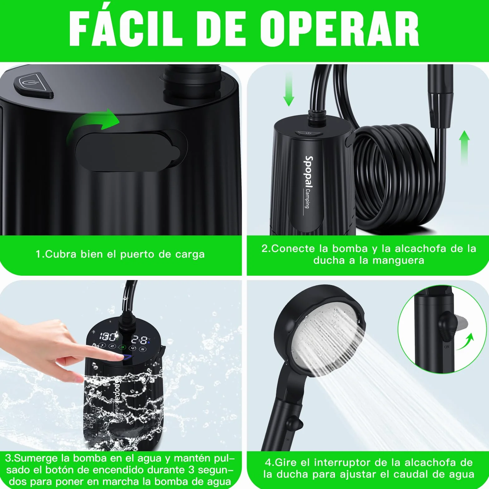 Spopal Ducha Portatil Camping 10000mAh Recargable con Cubo Plegable, Modo Doble Velocidad