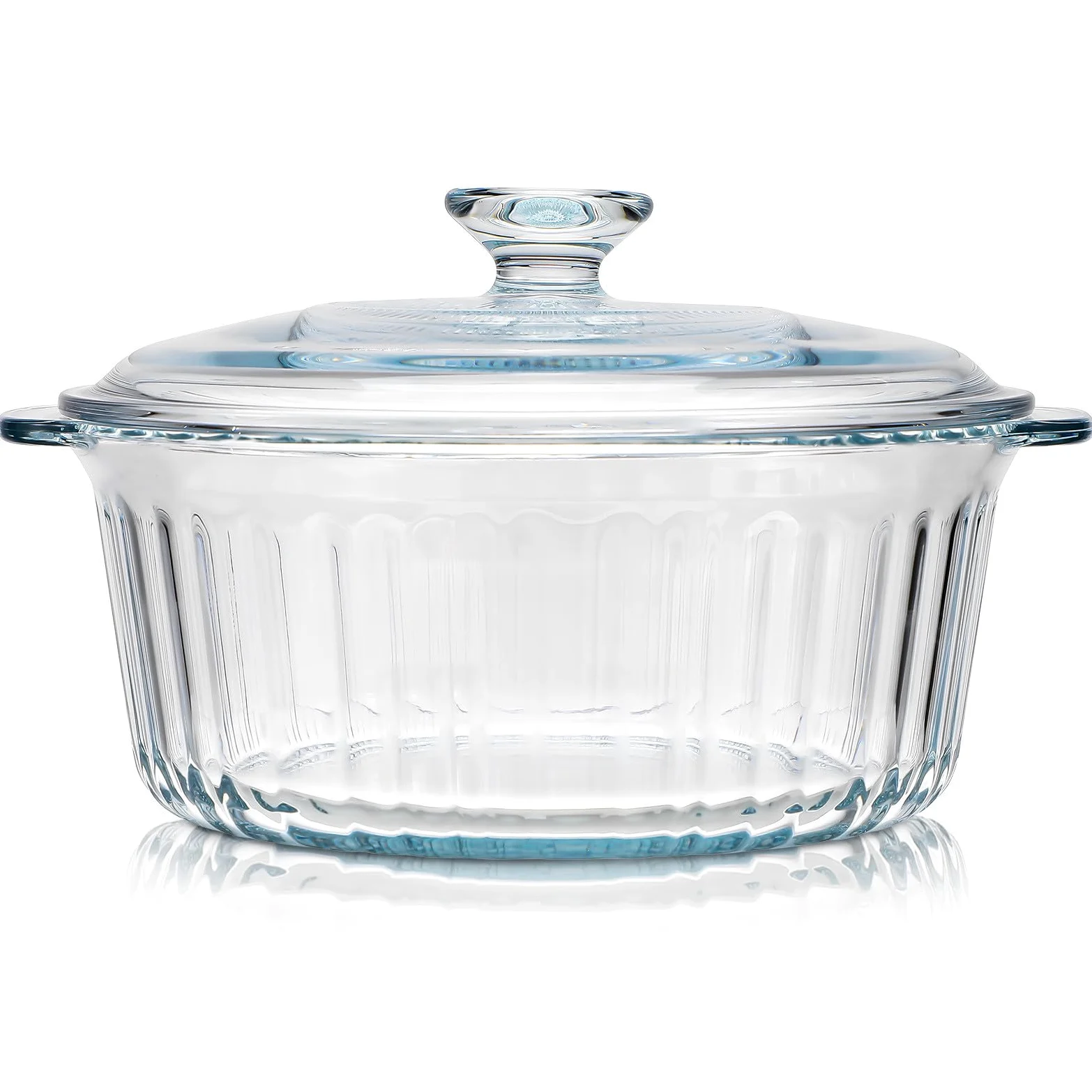 Zerodeko Cazuela de Vidrio Redonda 2, 4 L con Tapa de Acero Resistente | Transparente, Cocción Segura y Calor Uniforme, para Horno y Cocina, Pieza Estética de 2, 4 L