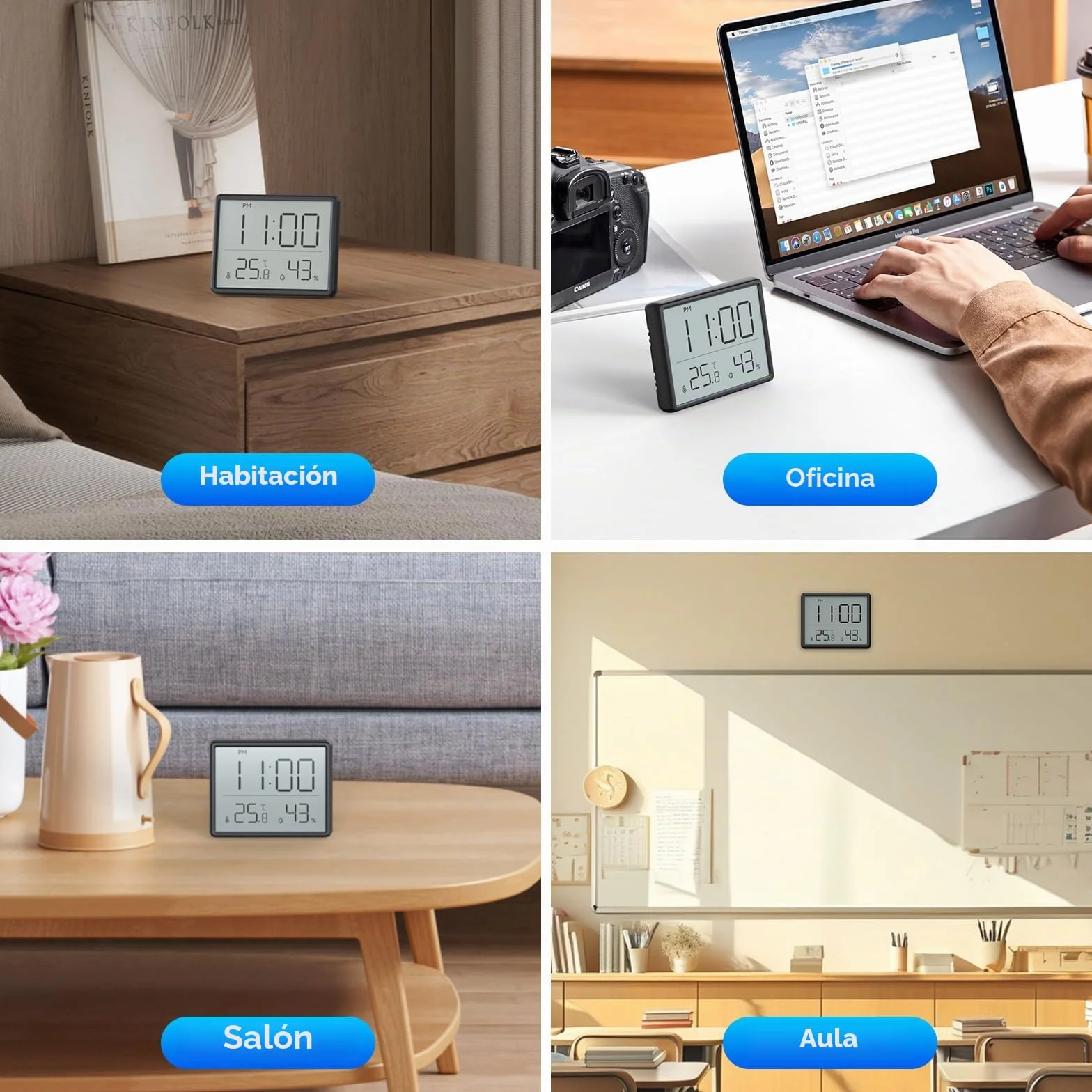 Termómetro Higrómetro Digital, LCD Pequeño Reloj Despertador con Temperatura Humedad Multifuncional 12/24 Horas ℃/℉ para Hogar Estudiantes Oficina