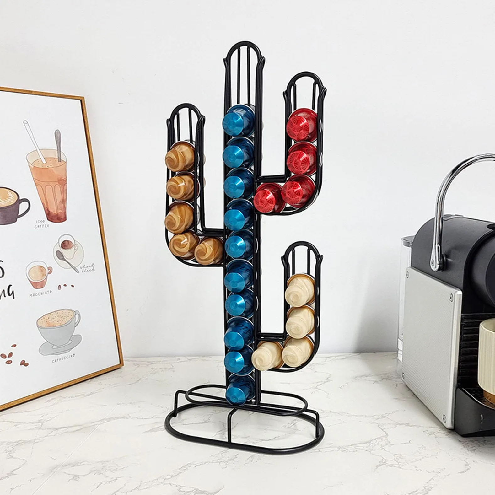Ejoyous Porta Cápsulas de Café, Soporte Cromado para 48 Cápsulas, Diseño Cactus, Organizador Resistente